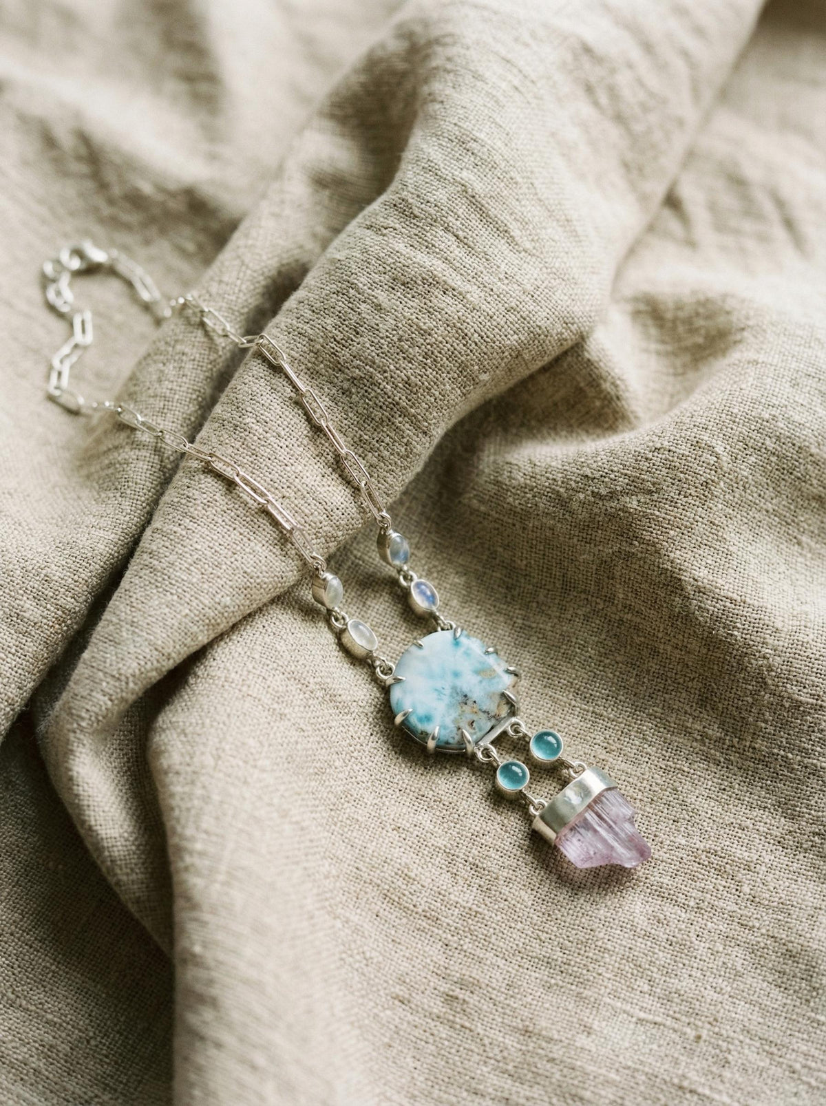 Larimar Kunzite Pendant: Sterling Silver Atlantis Stone Necklace