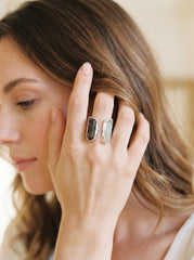 Smoky Quartz Aquamarine Dual Stone Ring, Hammered Sterling Silver Band, Adjustable Open Ring