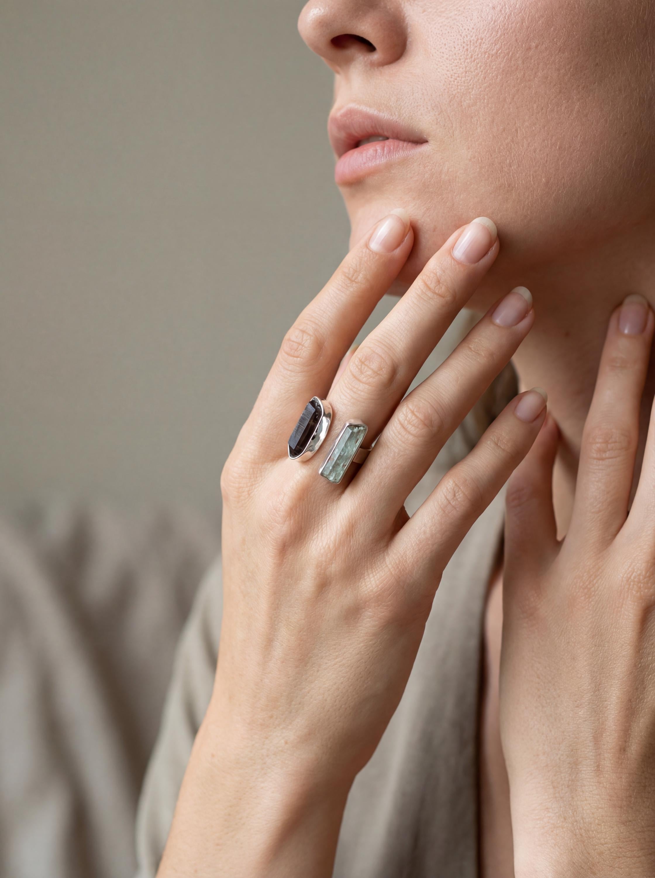 Smoky Quartz Aquamarine Dual Stone Ring, Hammered Sterling Silver Band, Adjustable Open Ring
