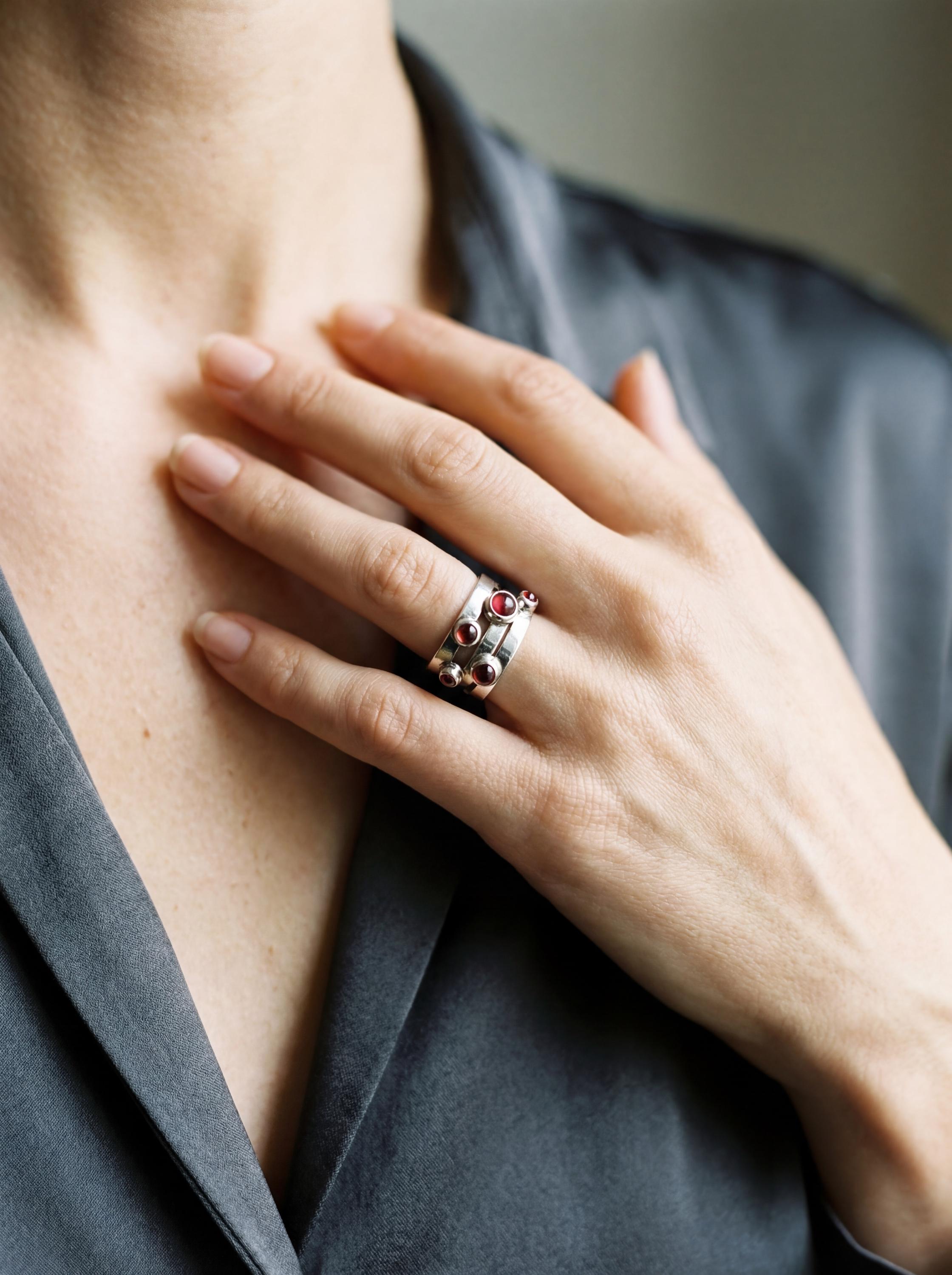 Red Garnet Silver Ring 925 Five Round Cabochon Stones High Shine Band Root Chakra Talisman Jewelry Gift Size 6 US