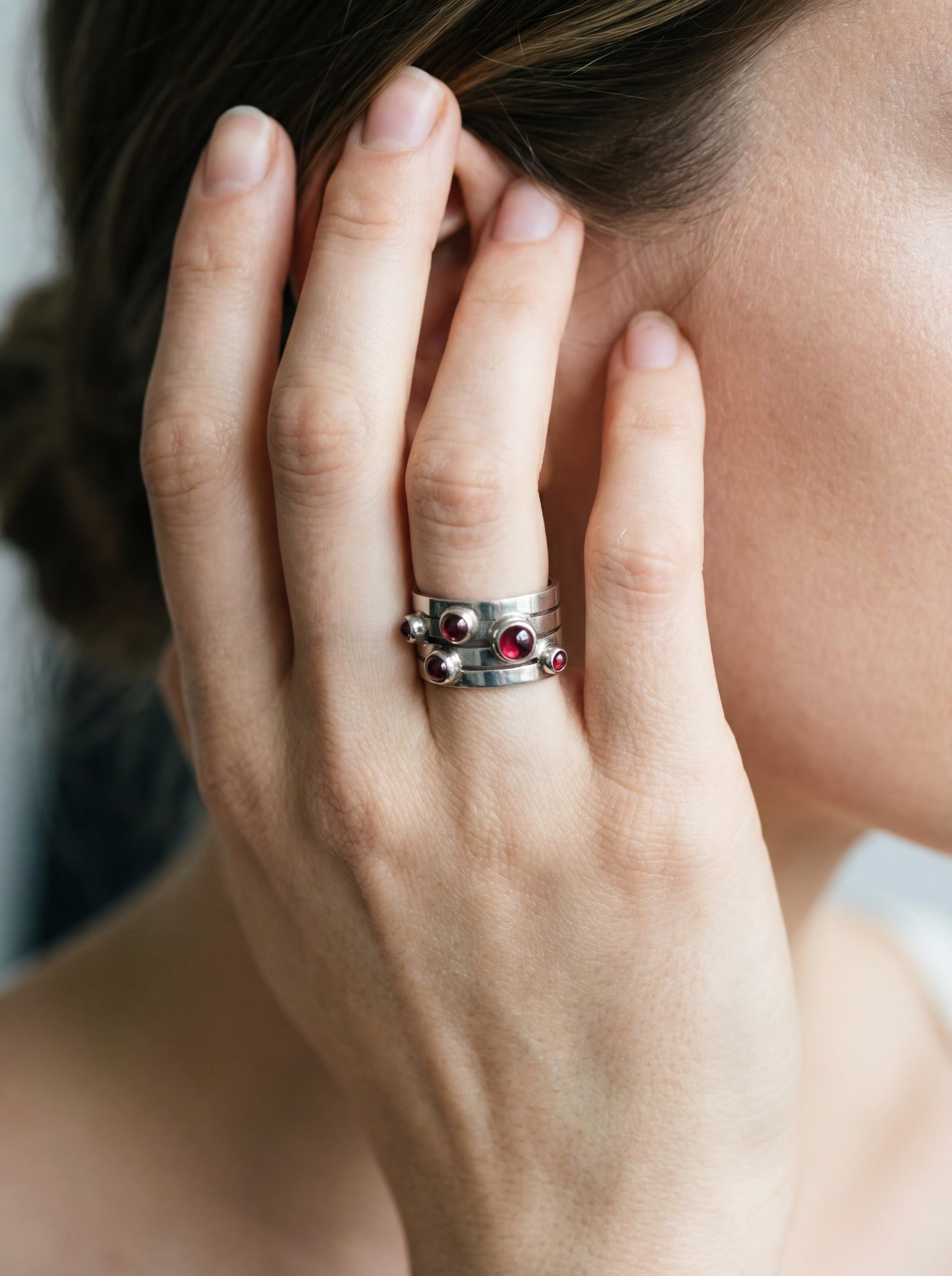 Red Garnet Silver Ring 925 Five Round Cabochon Stones High Shine Band Root Chakra Talisman Jewelry Gift Size 6 US