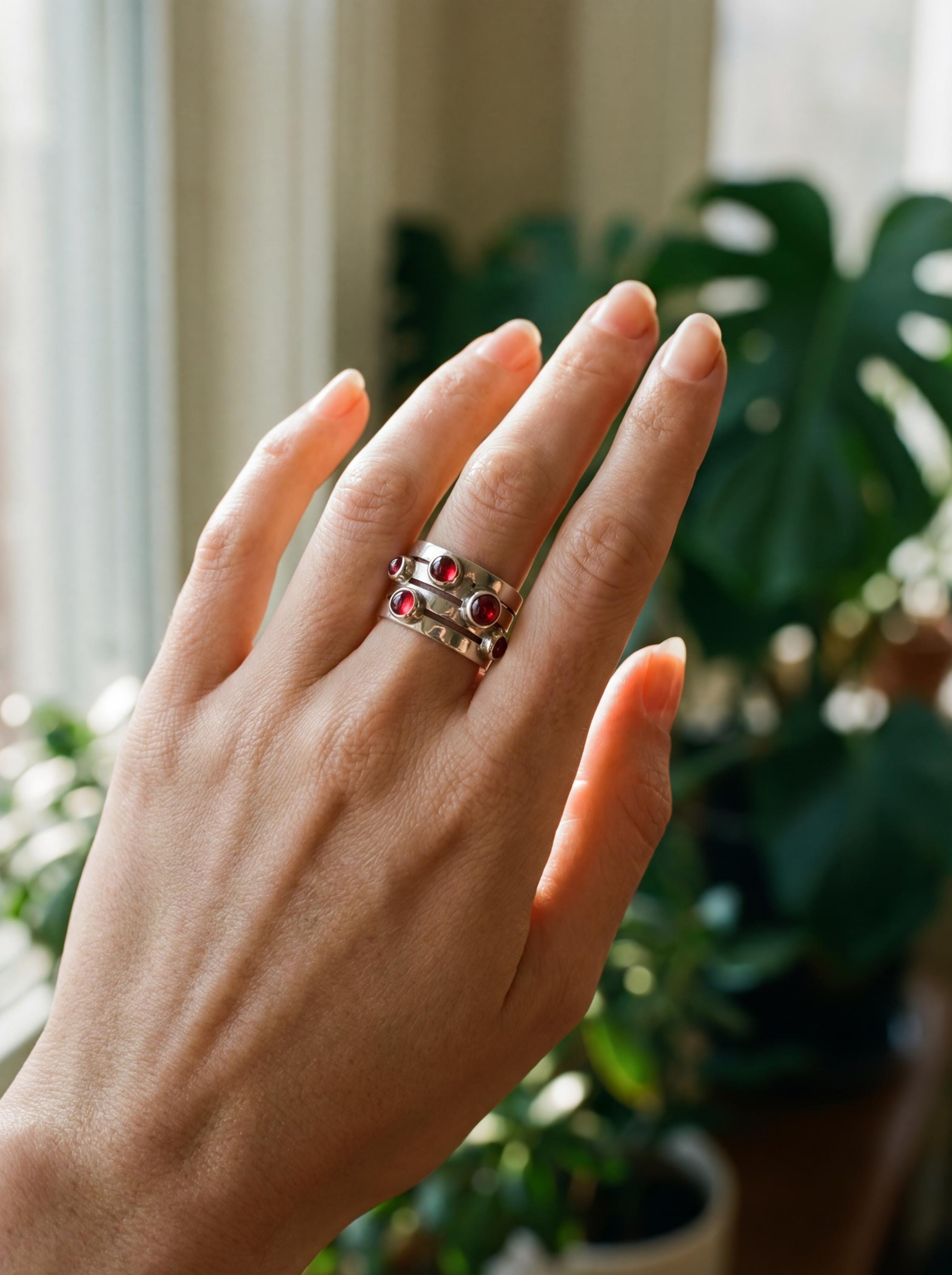 Red Garnet Silver Ring 925 Five Round Cabochon Stones High Shine Band Root Chakra Talisman Jewelry Gift Size 6 US