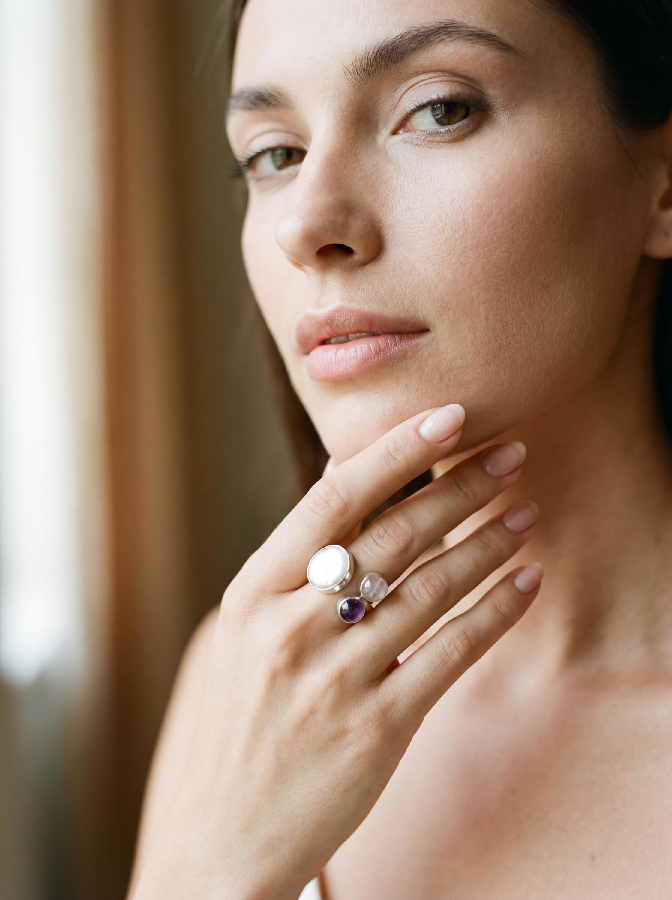 Multi Stone Silver Ring Pearl Amethyst Rose Quartz Adjustable Open Band Soft Pastel Crystal Jewelry Gift