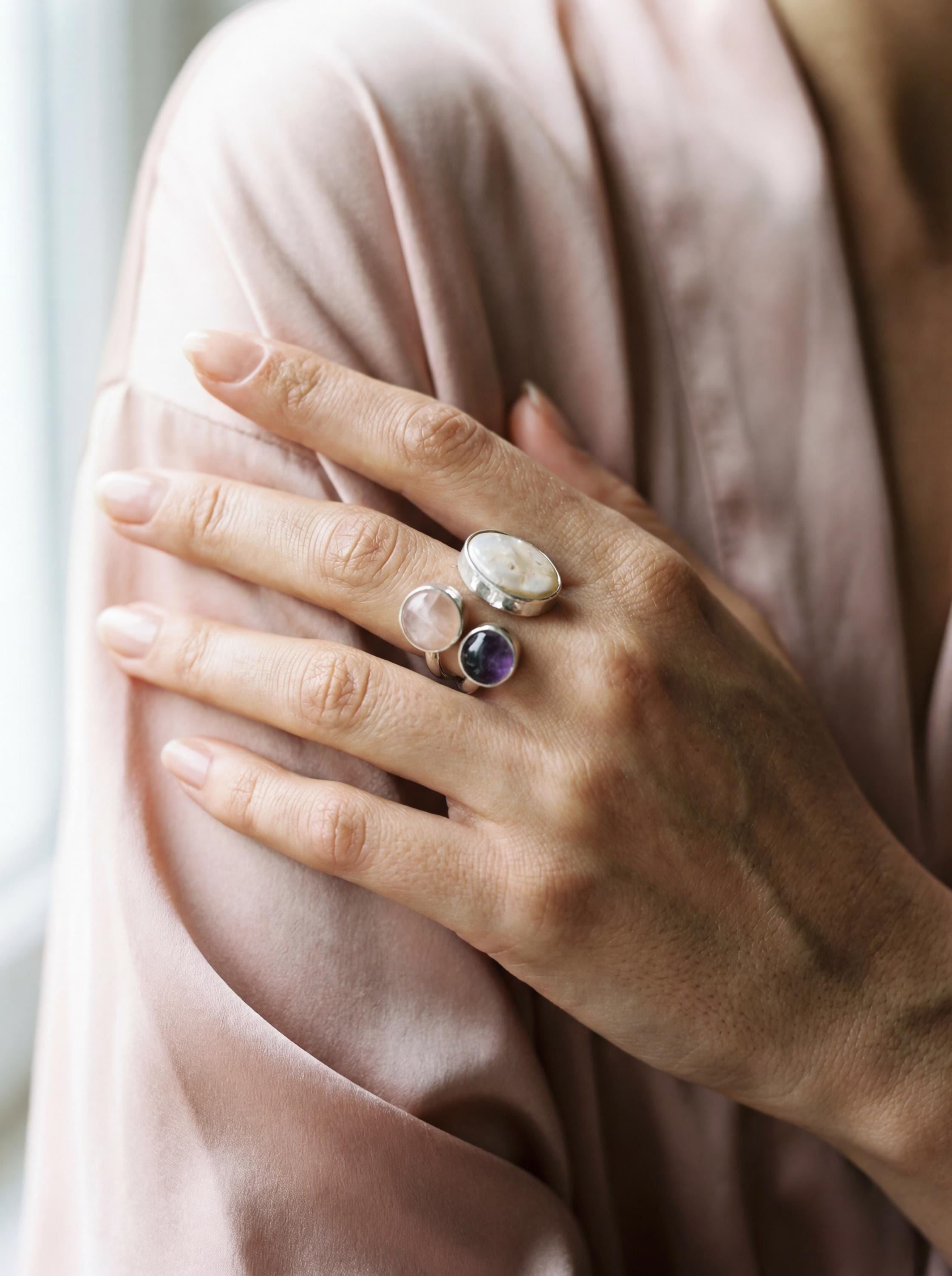 Hammered Sterling Silver Multi Stone Ring: Pearl, Amethyst, Rose Quartz Calm Clarity Jewelry
