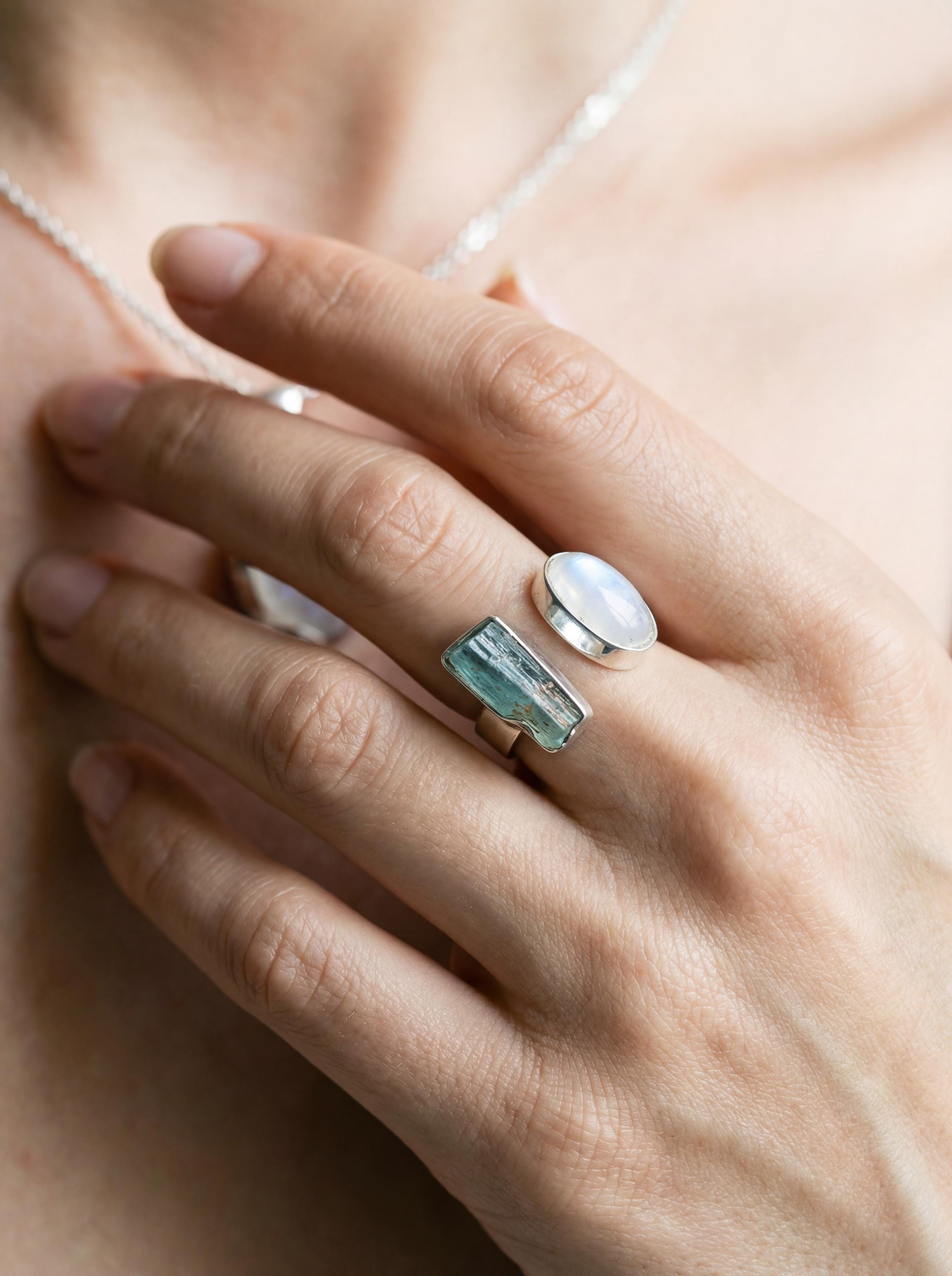 Raw Aquamarine Moonstone Ring, Hammered Sterling Silver Statement Jewelry