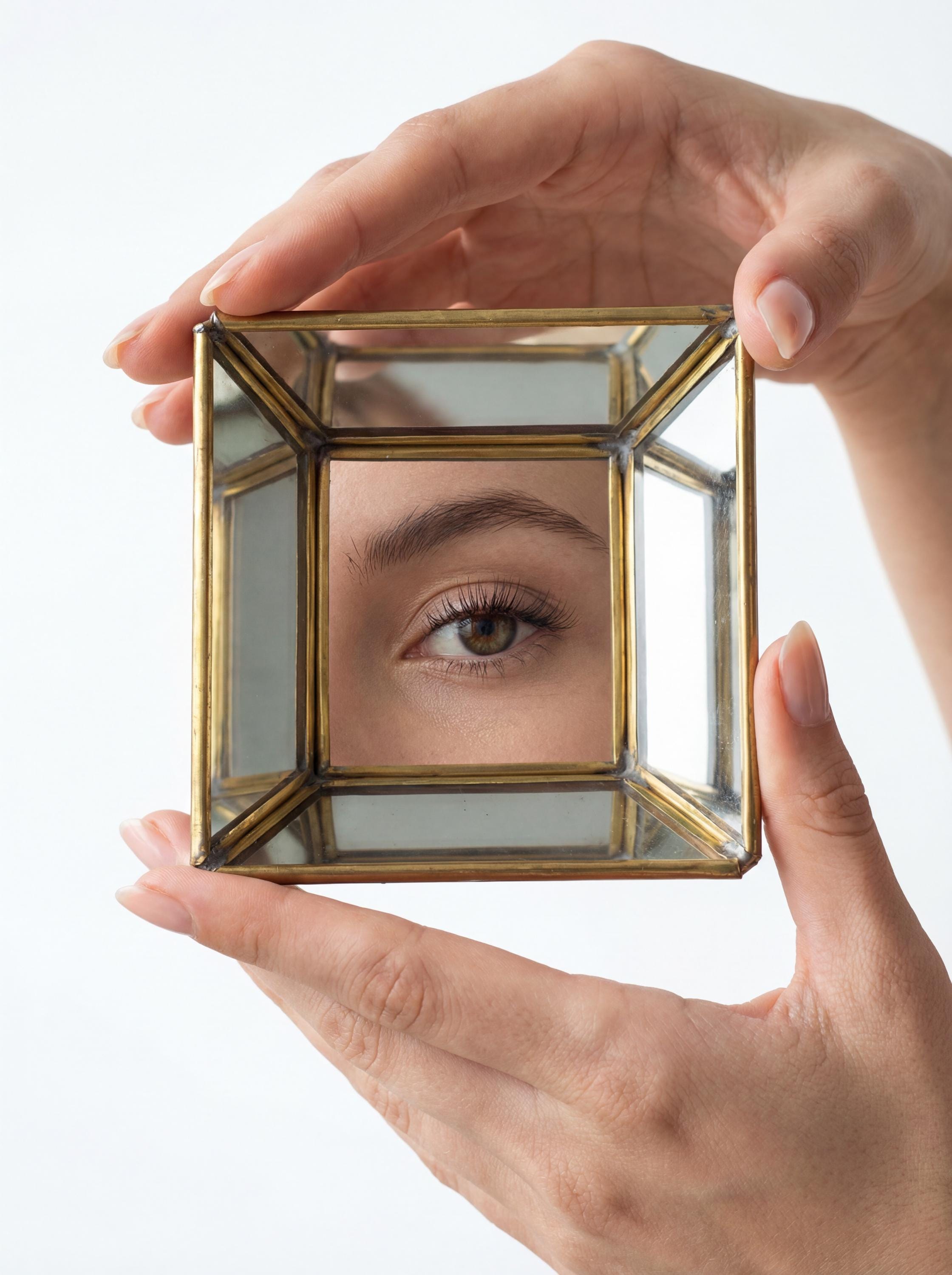 Handmade brass mirror geometric tray held in hand, showing angled reflective panels and square pyramid-style shape.