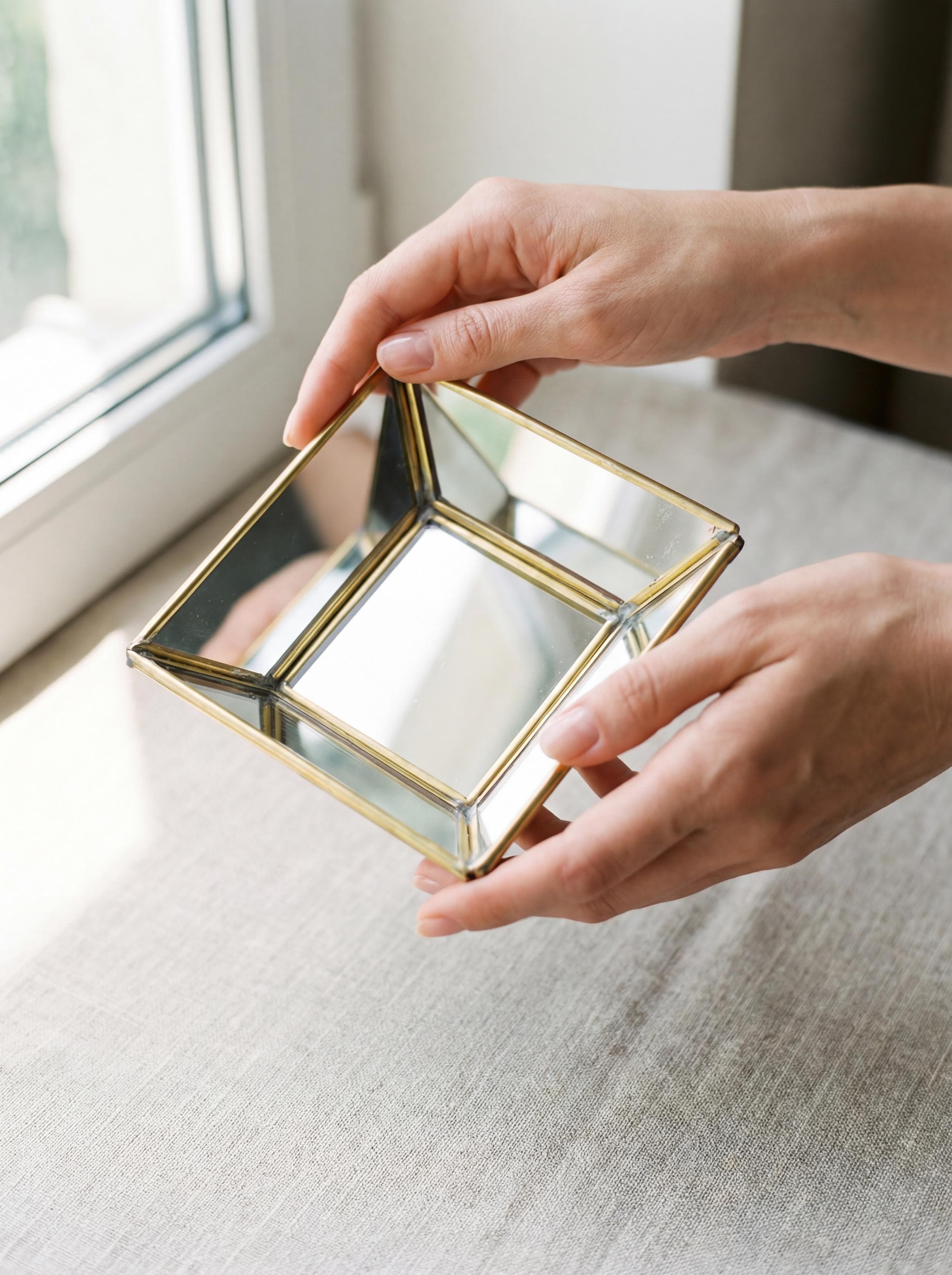 Brass Mirror Geometric Tray Handmade Reflective Pyramid Jewelry Display Tray Candle Holder Keepsake Decor Gift