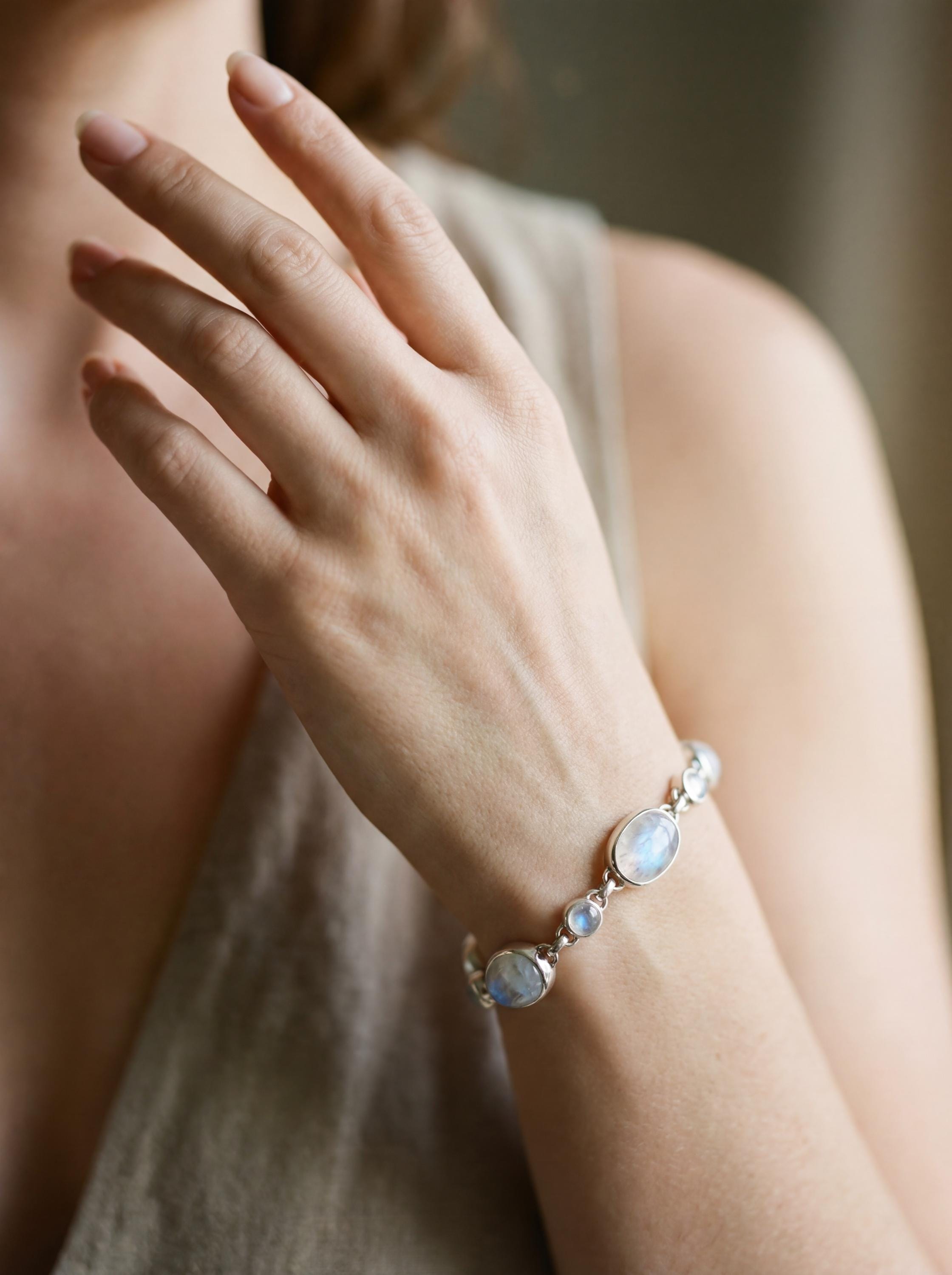 Rainbow Moonstone Bracelet Sterling Silver Bezel Set Oval Round Stones Blue Adularescence Lunar Talisman Gift