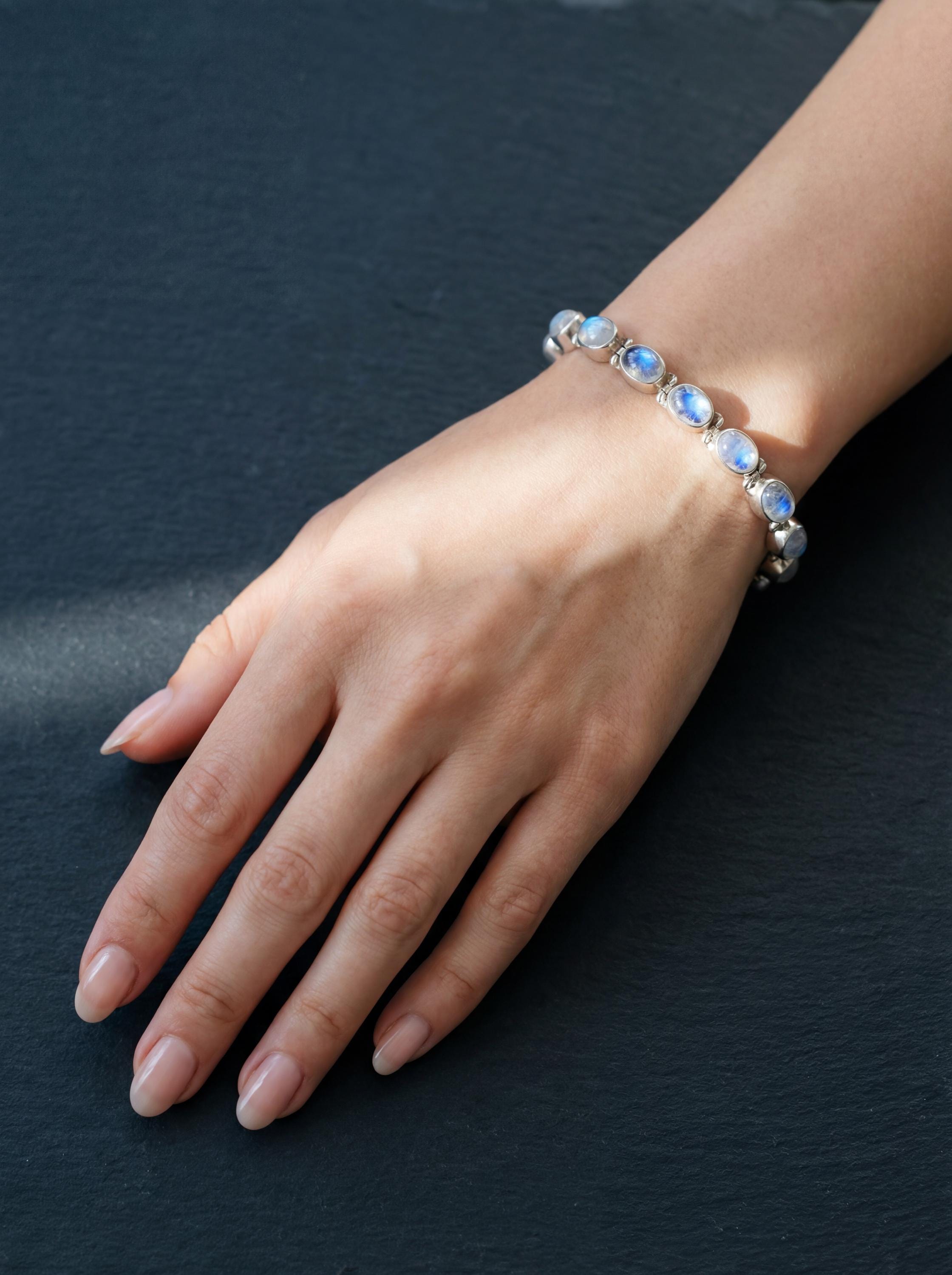 Oval Blue Moonstone Bracelet, 925 Sterling Silver Adjustable Jewelry