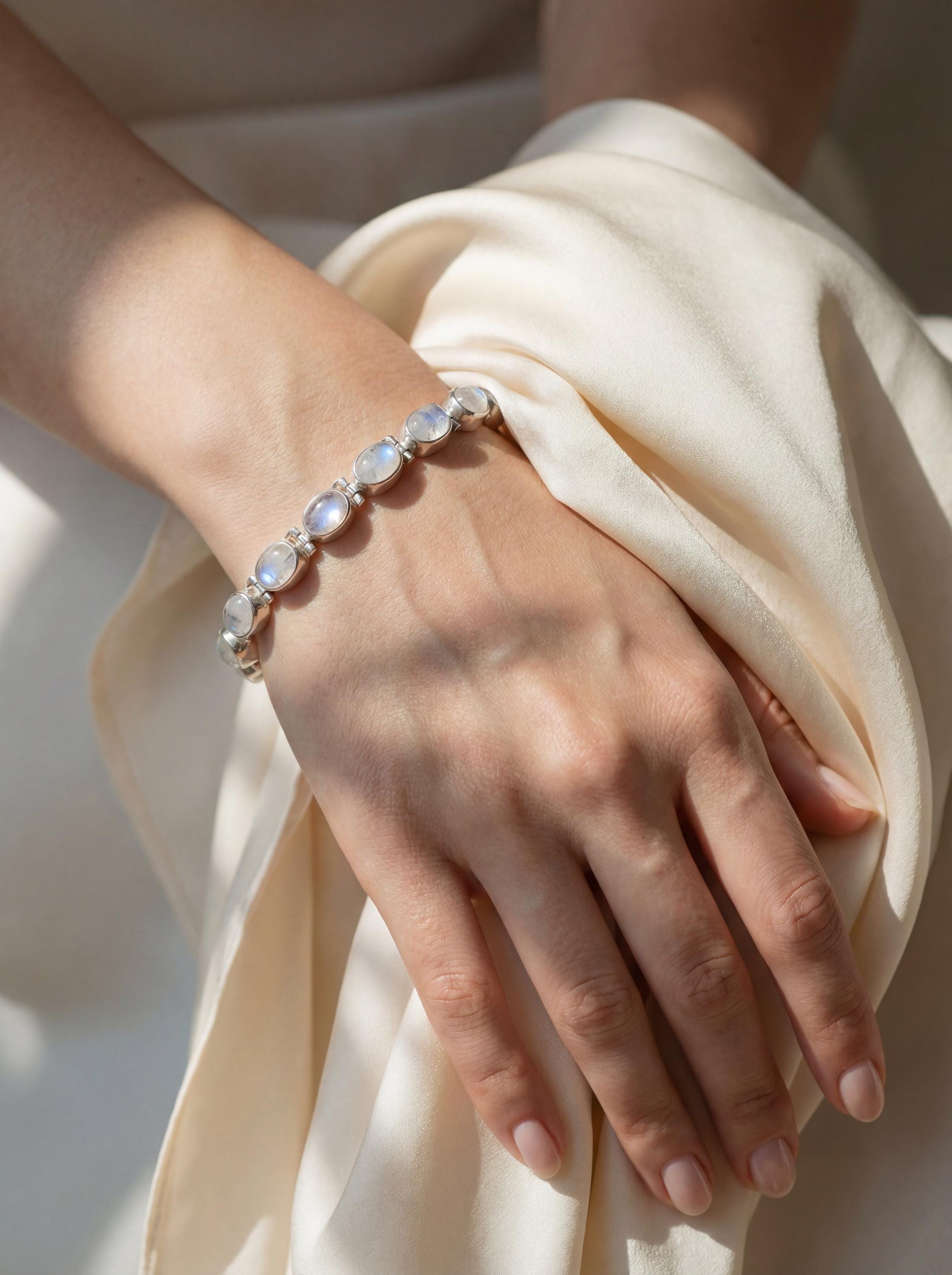 Oval Blue Moonstone Bracelet, 925 Sterling Silver Adjustable Jewelry