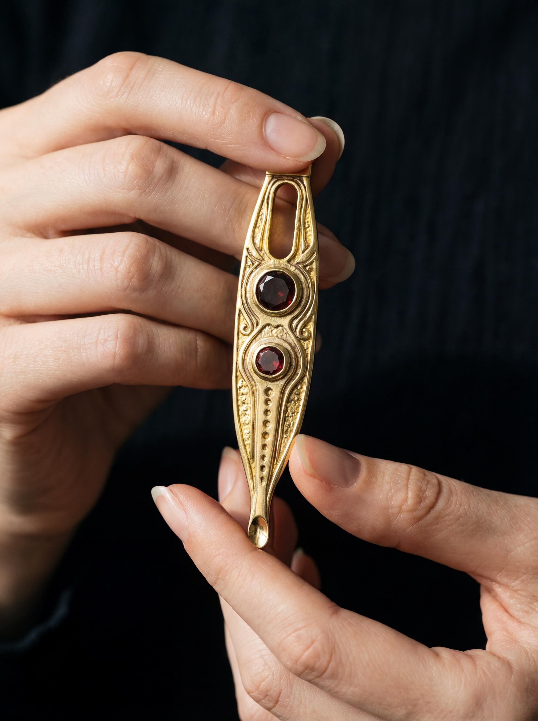 Gold Plated Brass Spoon Pendant, Faceted Red Garnet, Ritual Talisman Jewelry