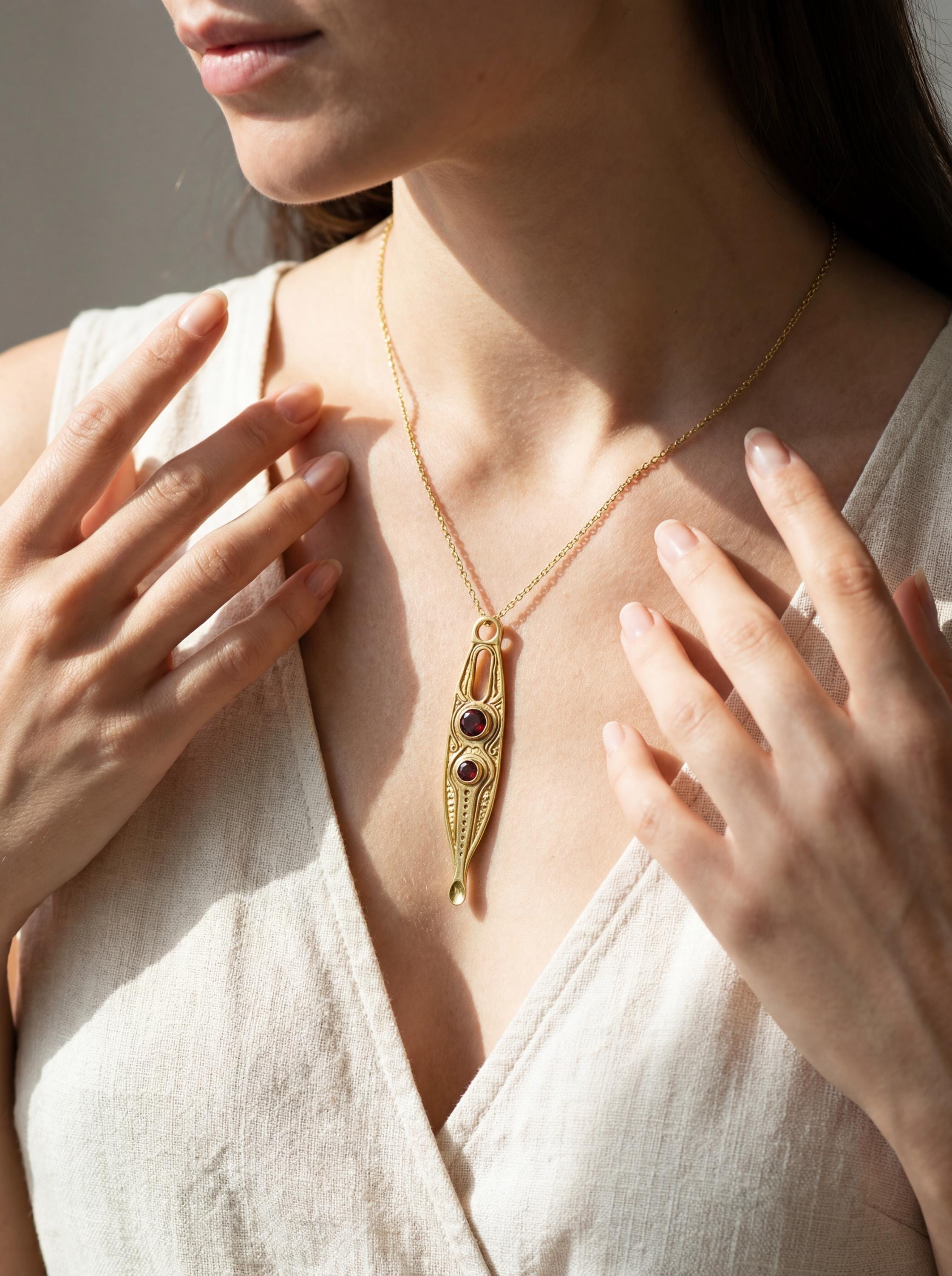 Gold Plated Brass Spoon Pendant, Faceted Red Garnet, Ritual Talisman Jewelry