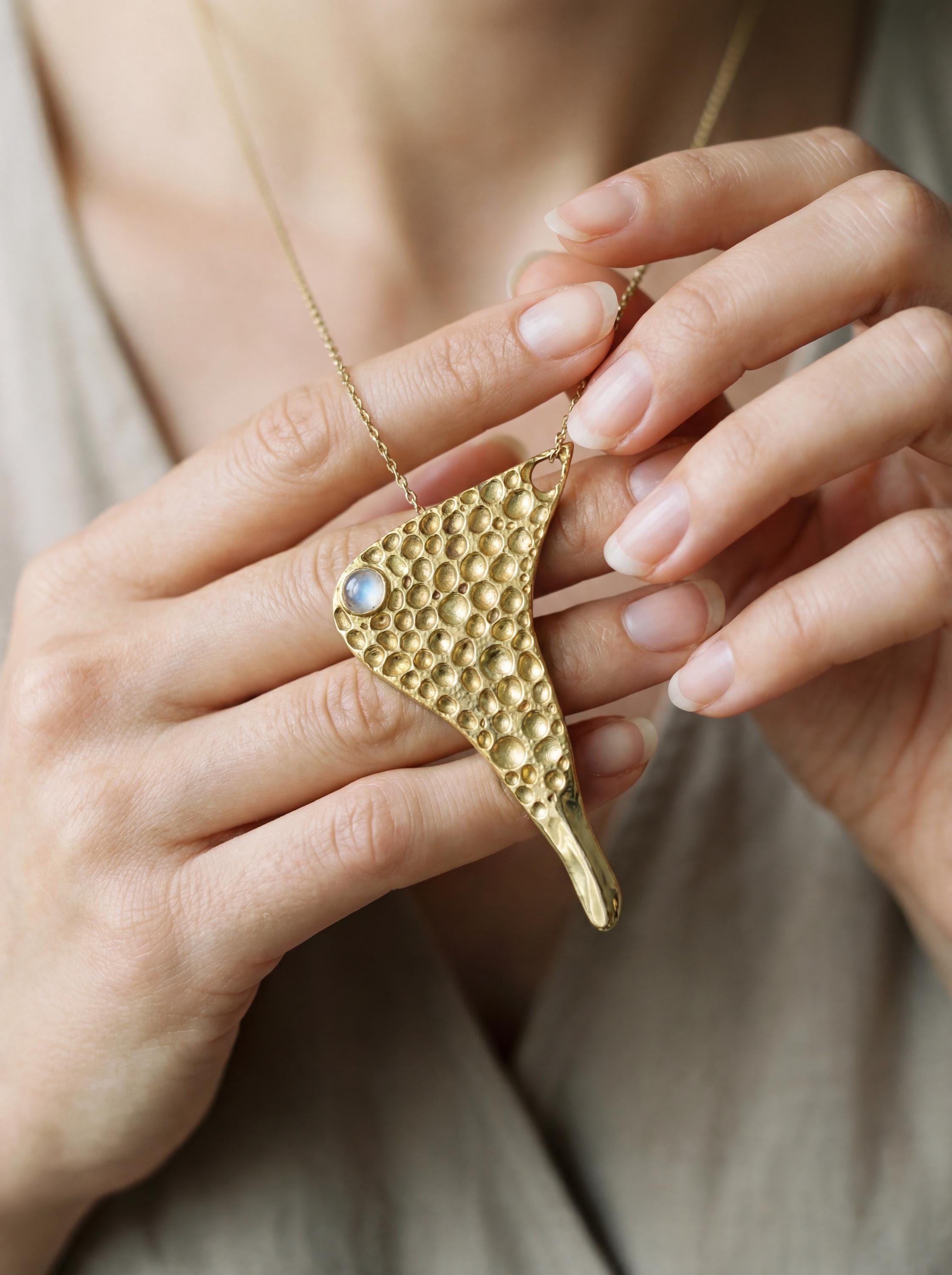 Gold Plated Spoon Pendant Blue Moonstone Cast Brass Necklace Ritual Tool Functional Crystal Talisman Jewelry