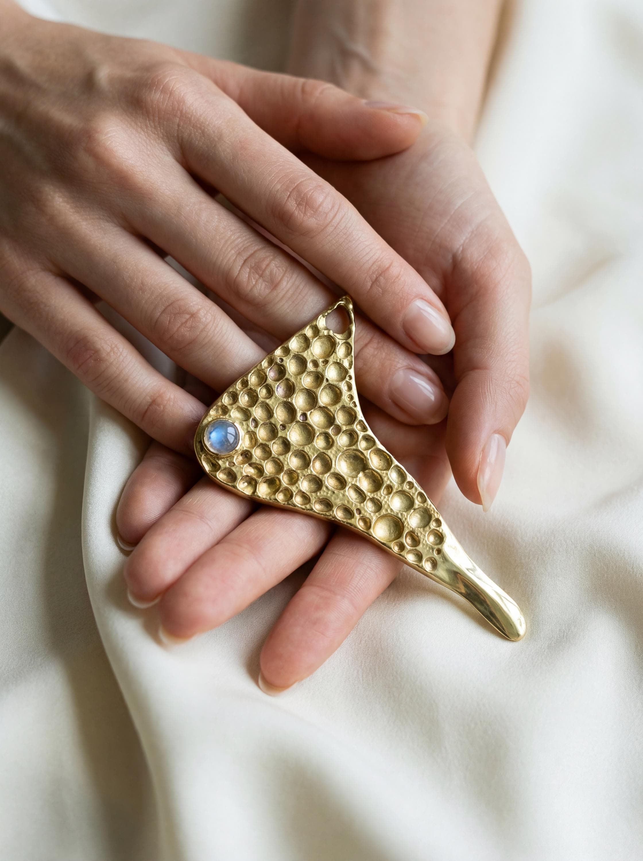 Golden Brass Spoon Pendant: Blue Moonstone Talisman, Wearable Ritual Tool