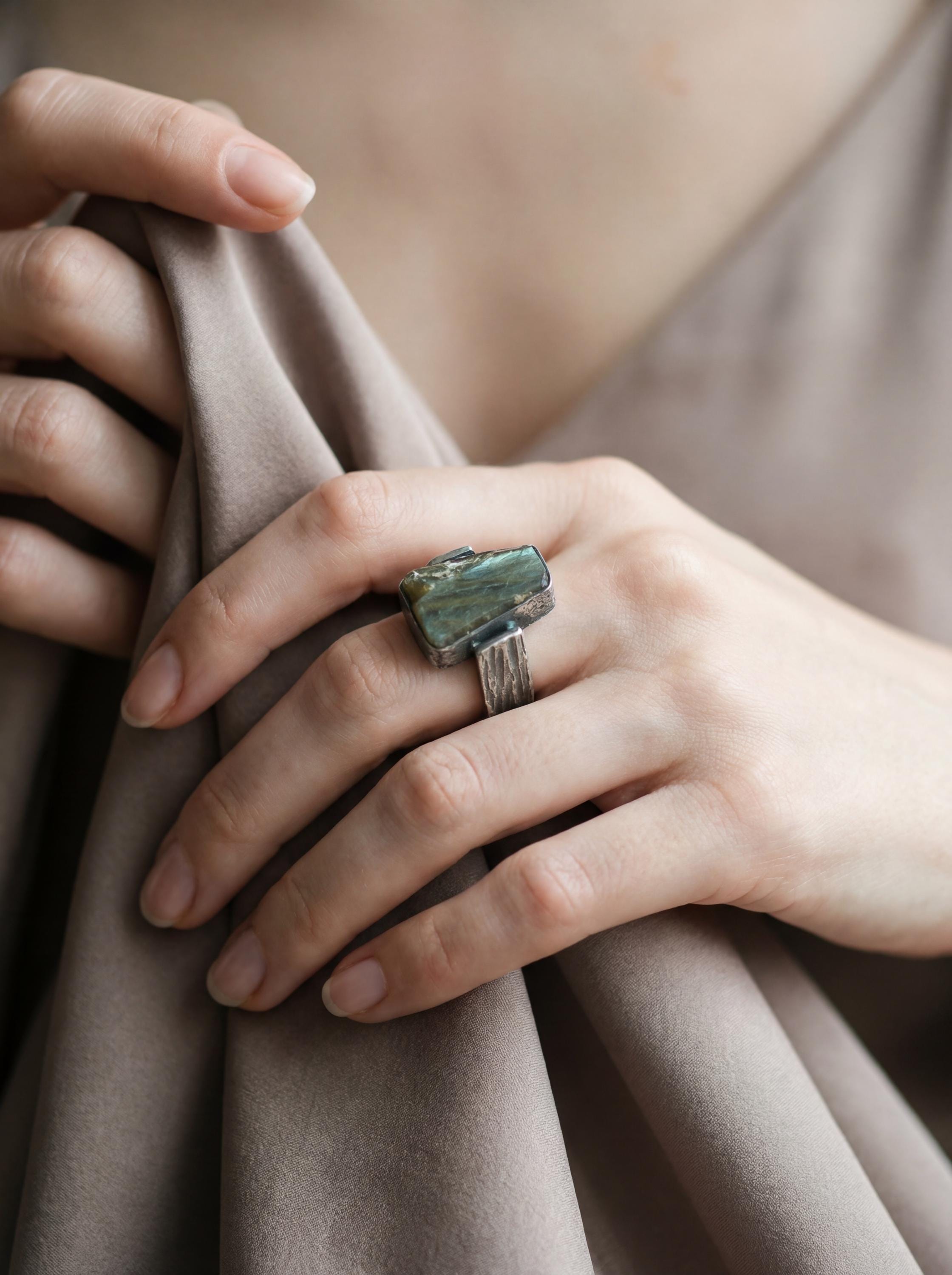 Labradorite statement ring shown worn on hand with thick sterling silver band and raw stone face.