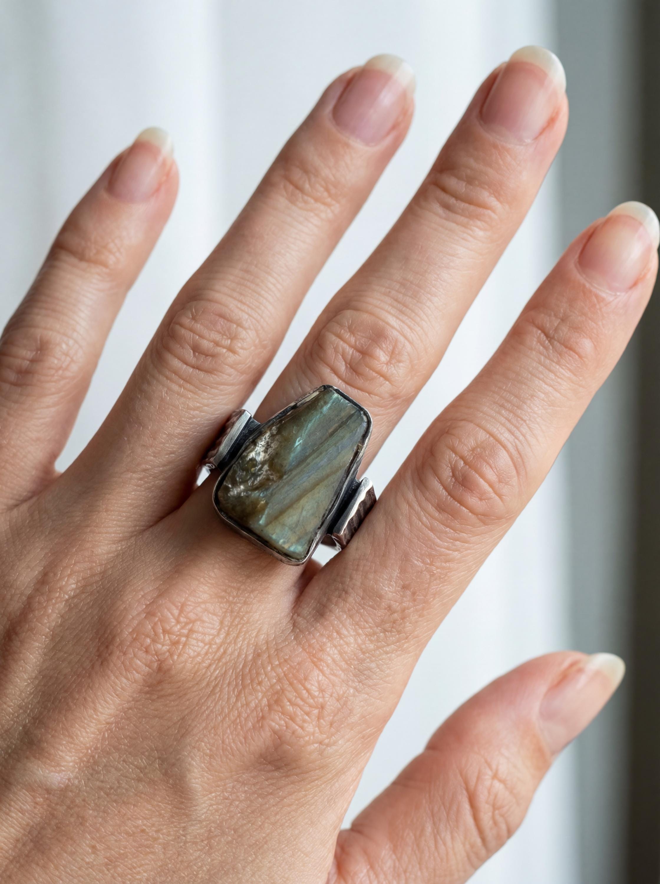 Raw Labradorite Ring Men's Size 9 925 Sterling Silver Brutalist Statement Ring Large Chunky Gemstone Jewelry Protection Third Eye Energy
