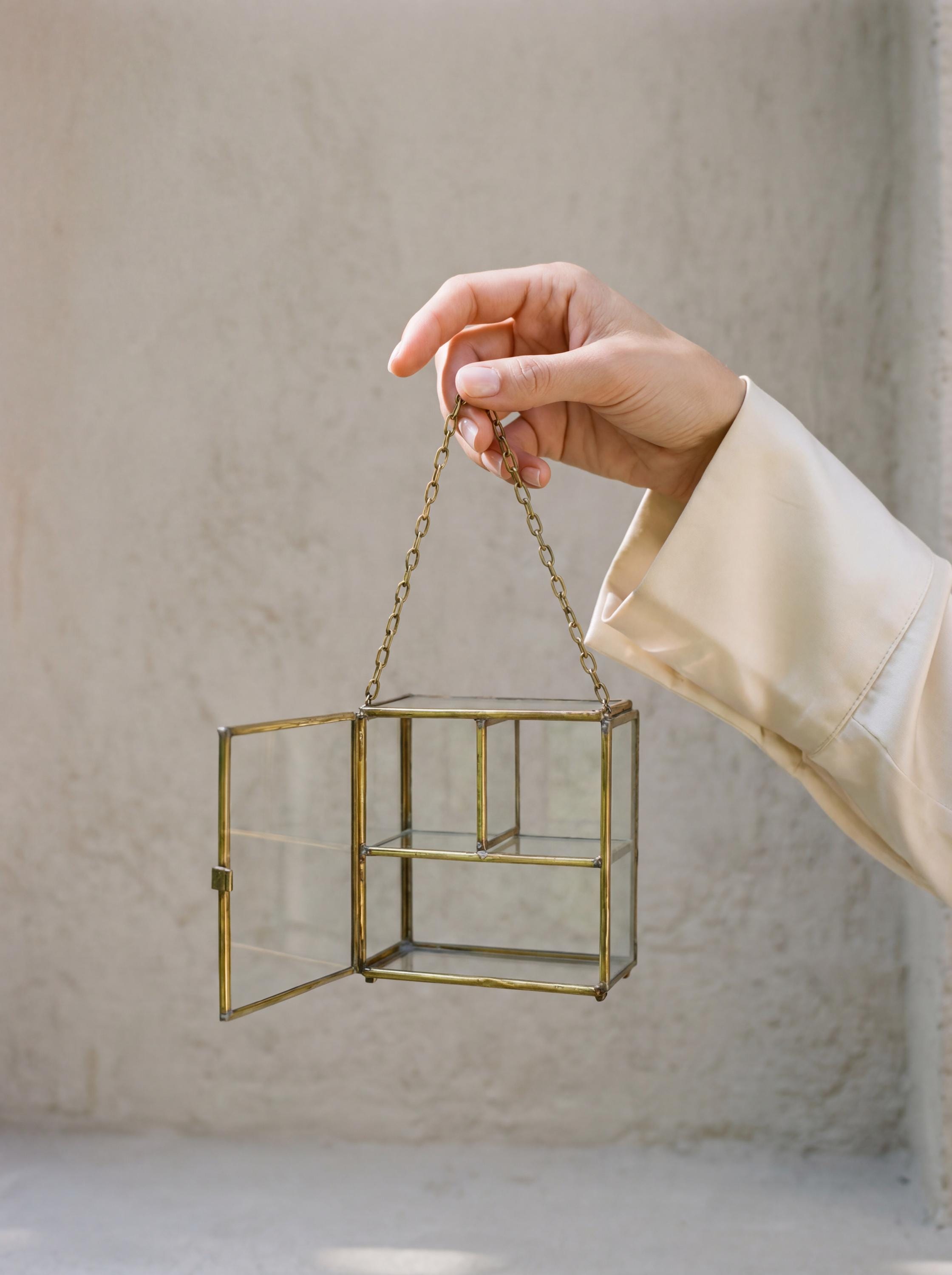 Large Glass Brass Display Box Rectangular Jewelry Case Crystal Shelf Keepsake Cabinet Ring Storage Gift