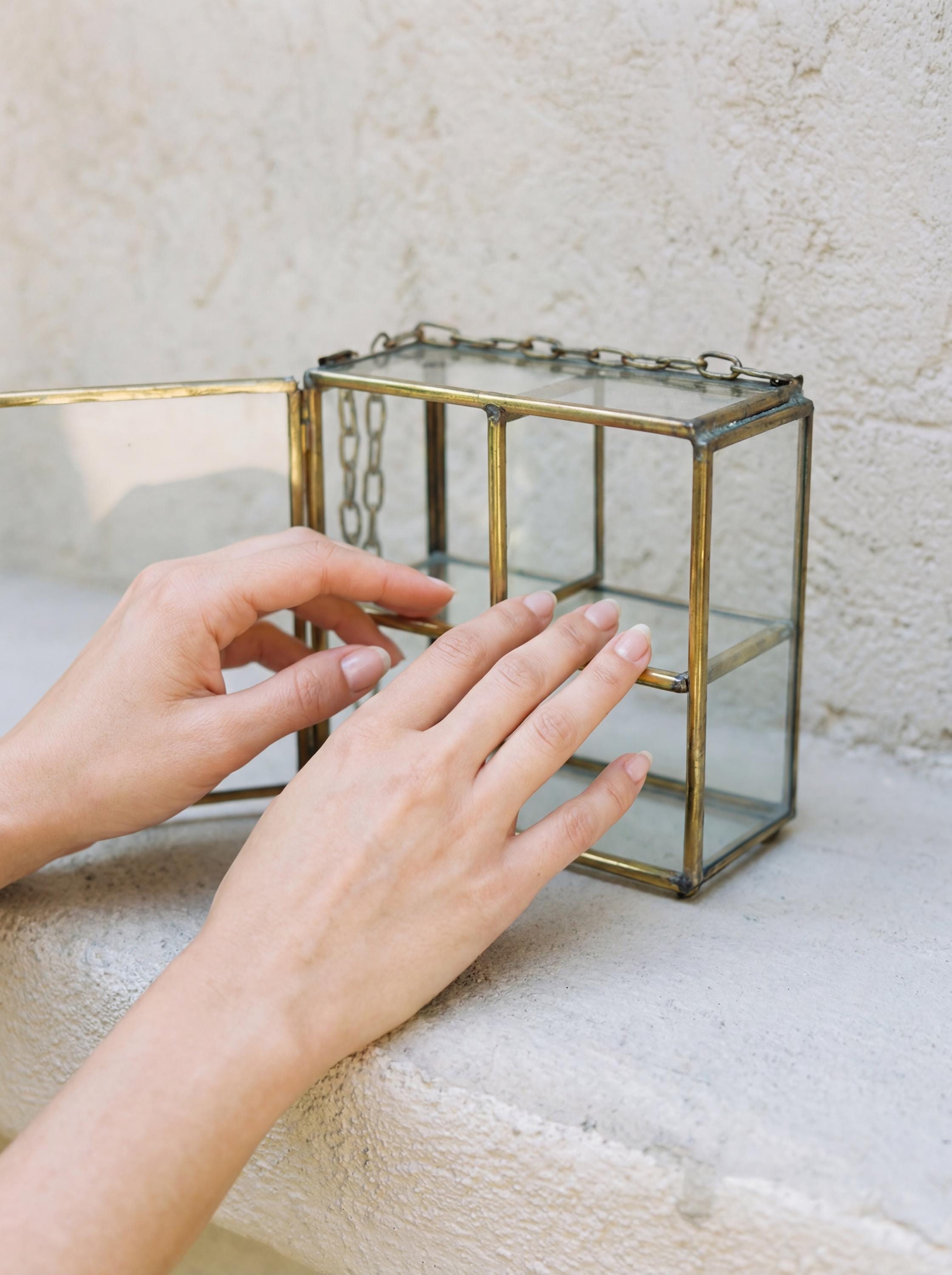 Large Glass Brass Display Box Rectangular Jewelry Case Crystal Shelf Keepsake Cabinet Ring Storage Gift