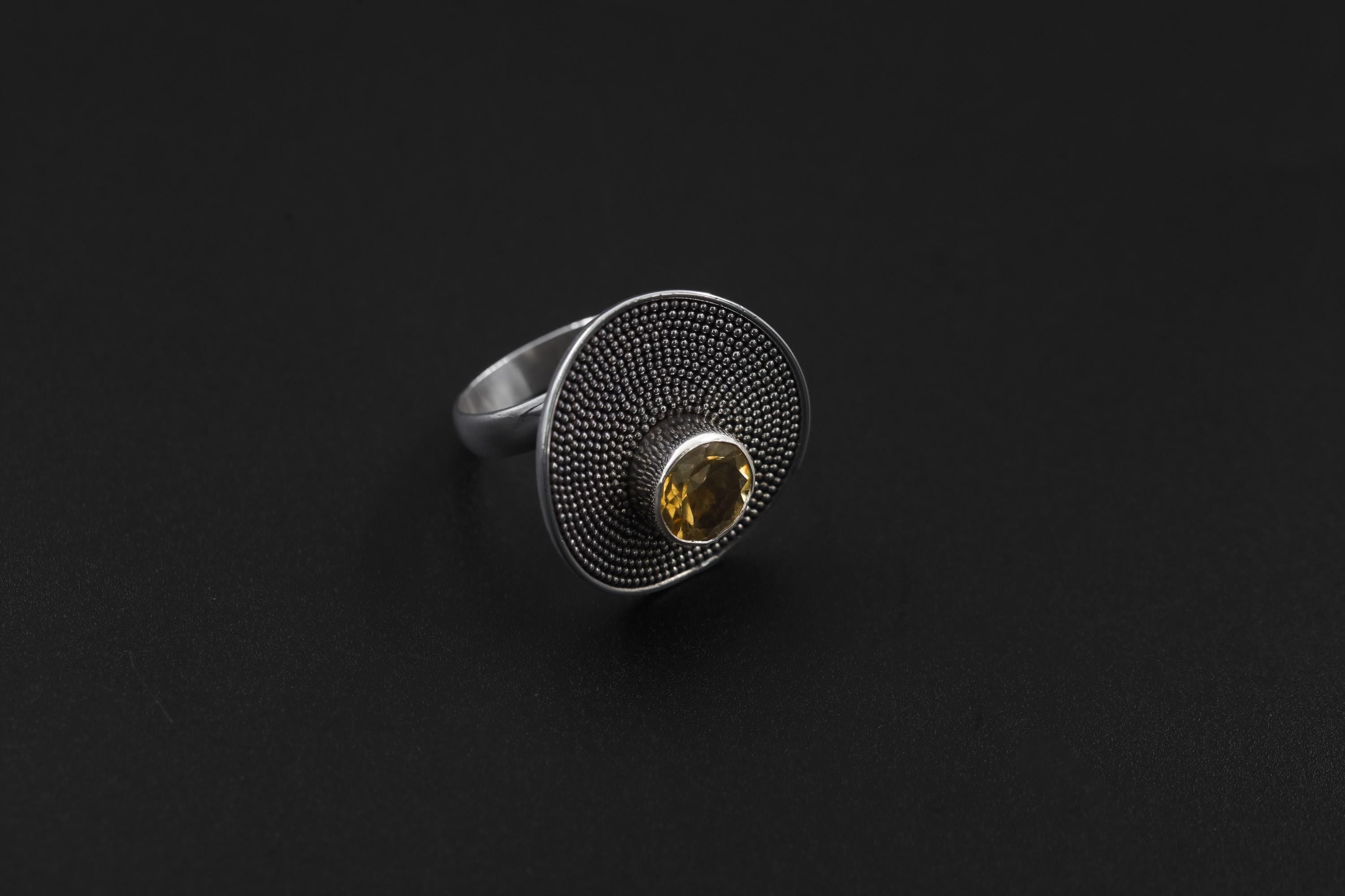 Adjustable Citrine Ring 925 Sterling Silver Solar Disc Statement Ring Faceted Gemstone Solar Plexus Chakra Jewelry Gift