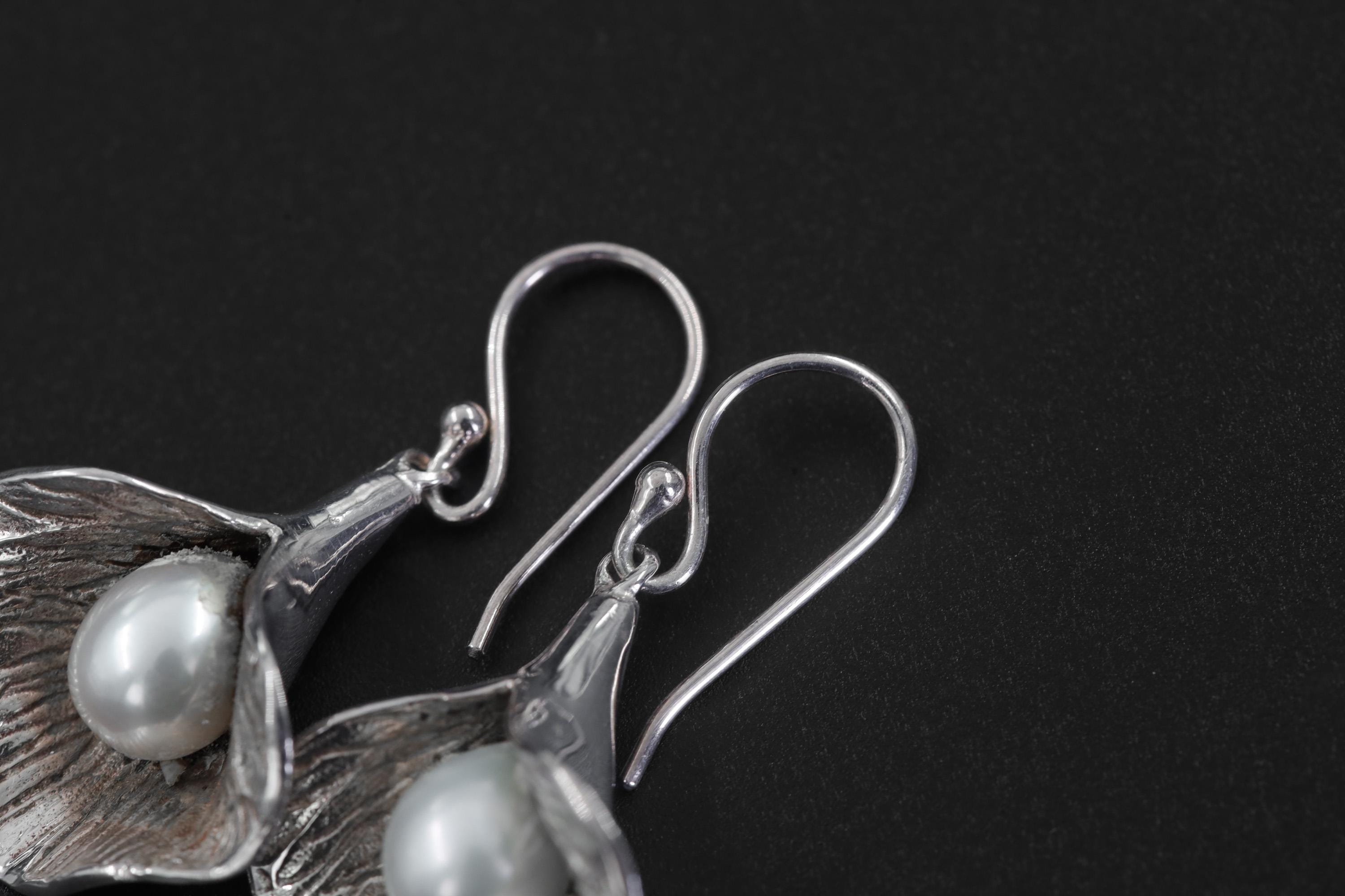 Sterling Silver Pearl Bloom Earrings, Ocean Inspired Dangle Jewelry