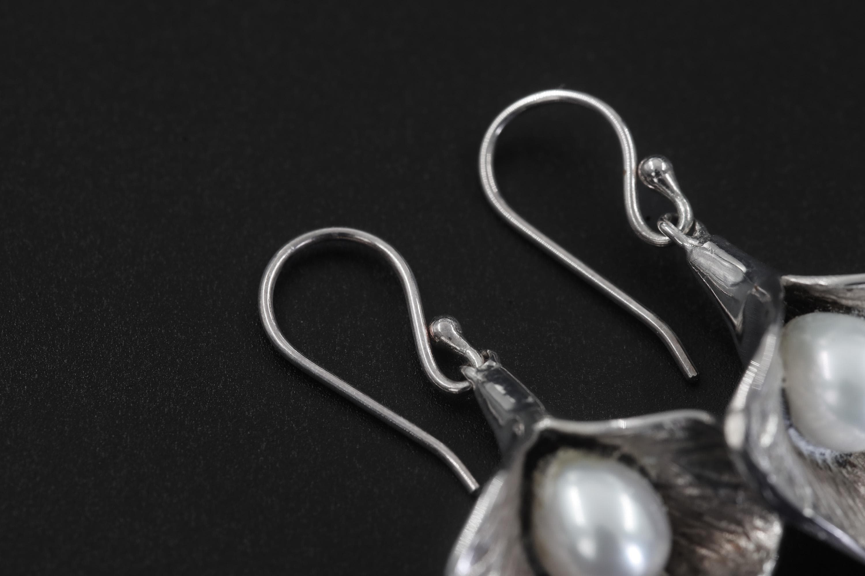 Sterling Silver Pearl Bloom Earrings, Ocean Inspired Dangle Jewelry