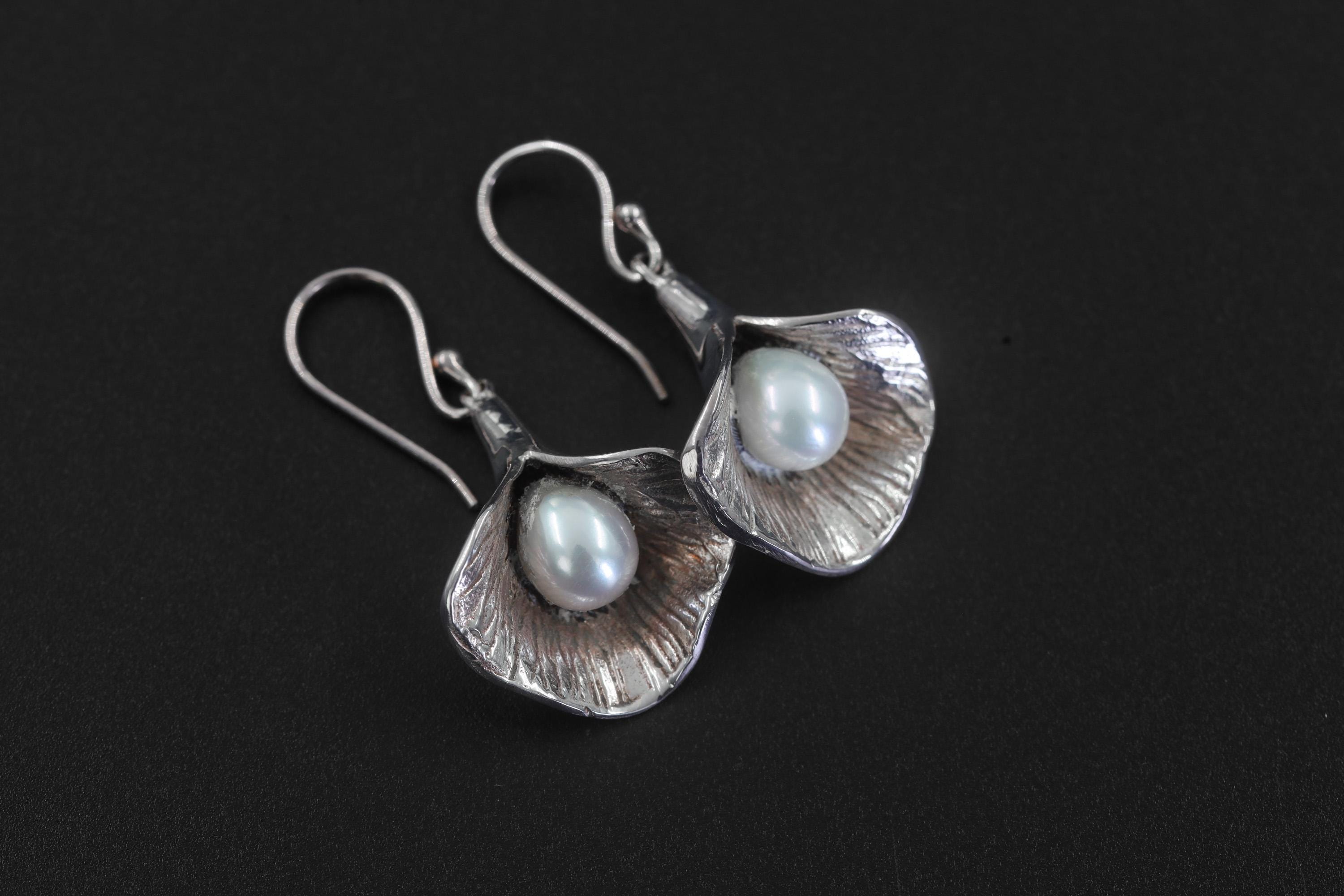 Sterling Silver Pearl Bloom Earrings, Ocean Inspired Dangle Jewelry