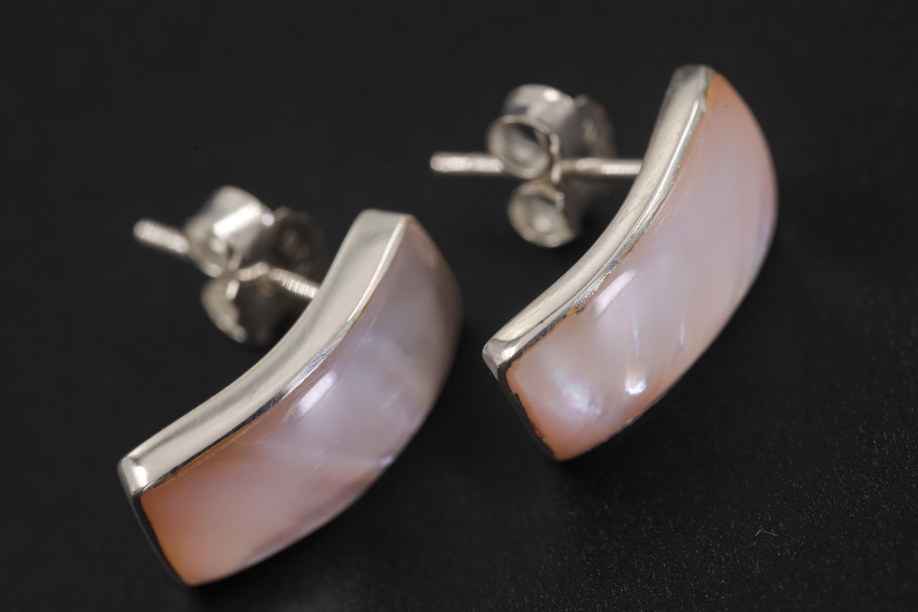 Handmade Mother of Pearl Silver Stud Earrings, 925 Sterling Curved Ocean Jewelry