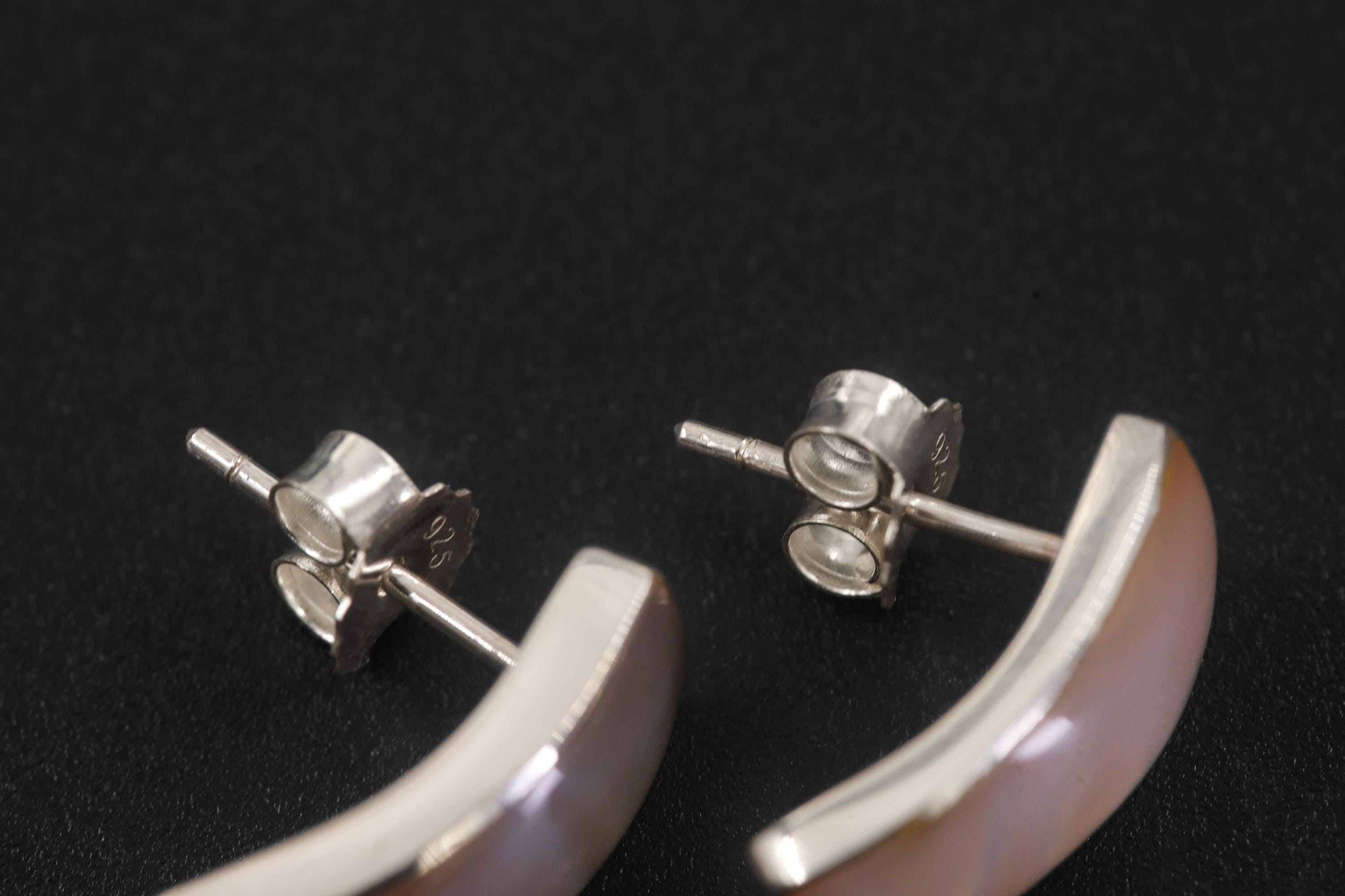 Handmade Mother of Pearl Silver Stud Earrings, 925 Sterling Curved Ocean Jewelry