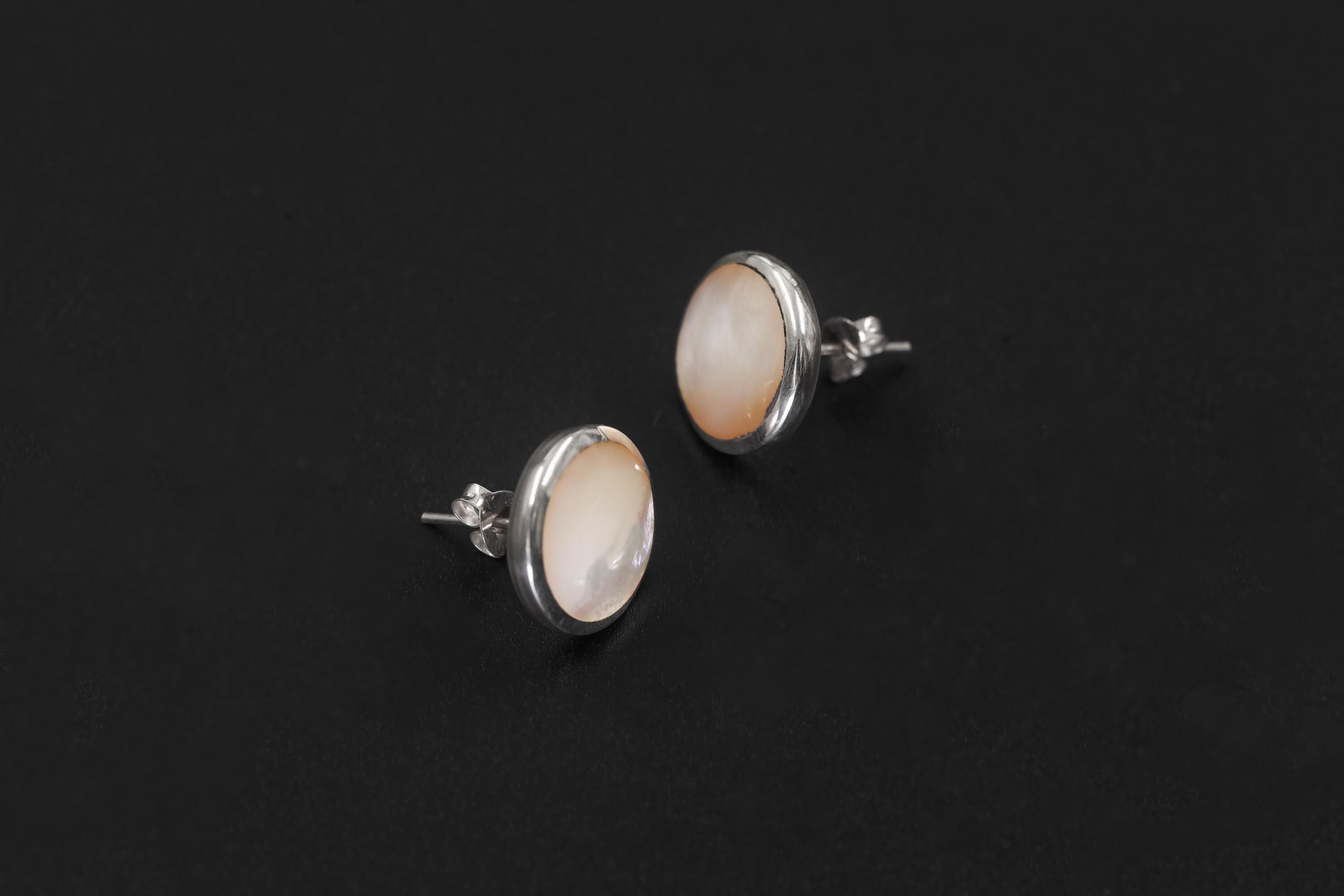 Mother of Pearl Stud Earrings, Sterling Silver Round Shell, Ocean Energy Jewelry