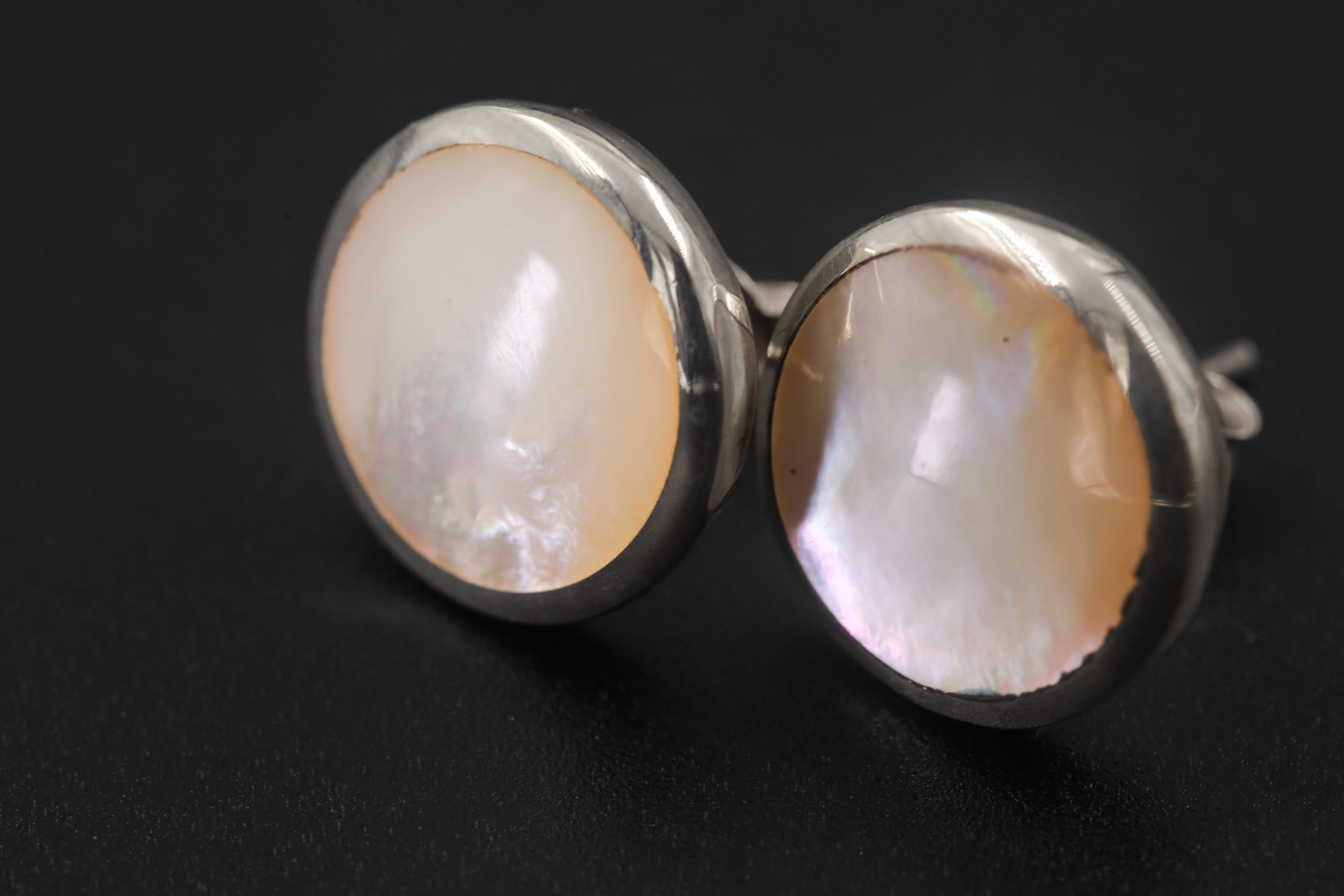 Mother of Pearl Stud Earrings, Sterling Silver Round Shell, Ocean Energy Jewelry