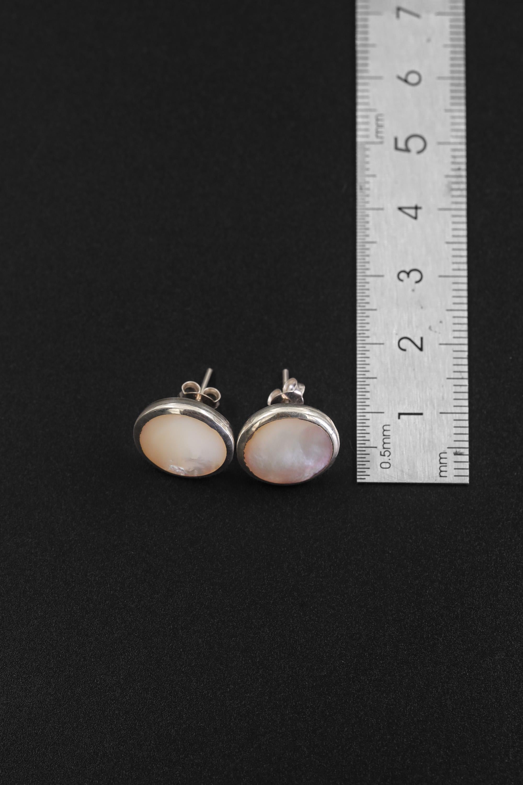 Mother of Pearl Stud Earrings, Sterling Silver Round Shell, Ocean Energy Jewelry