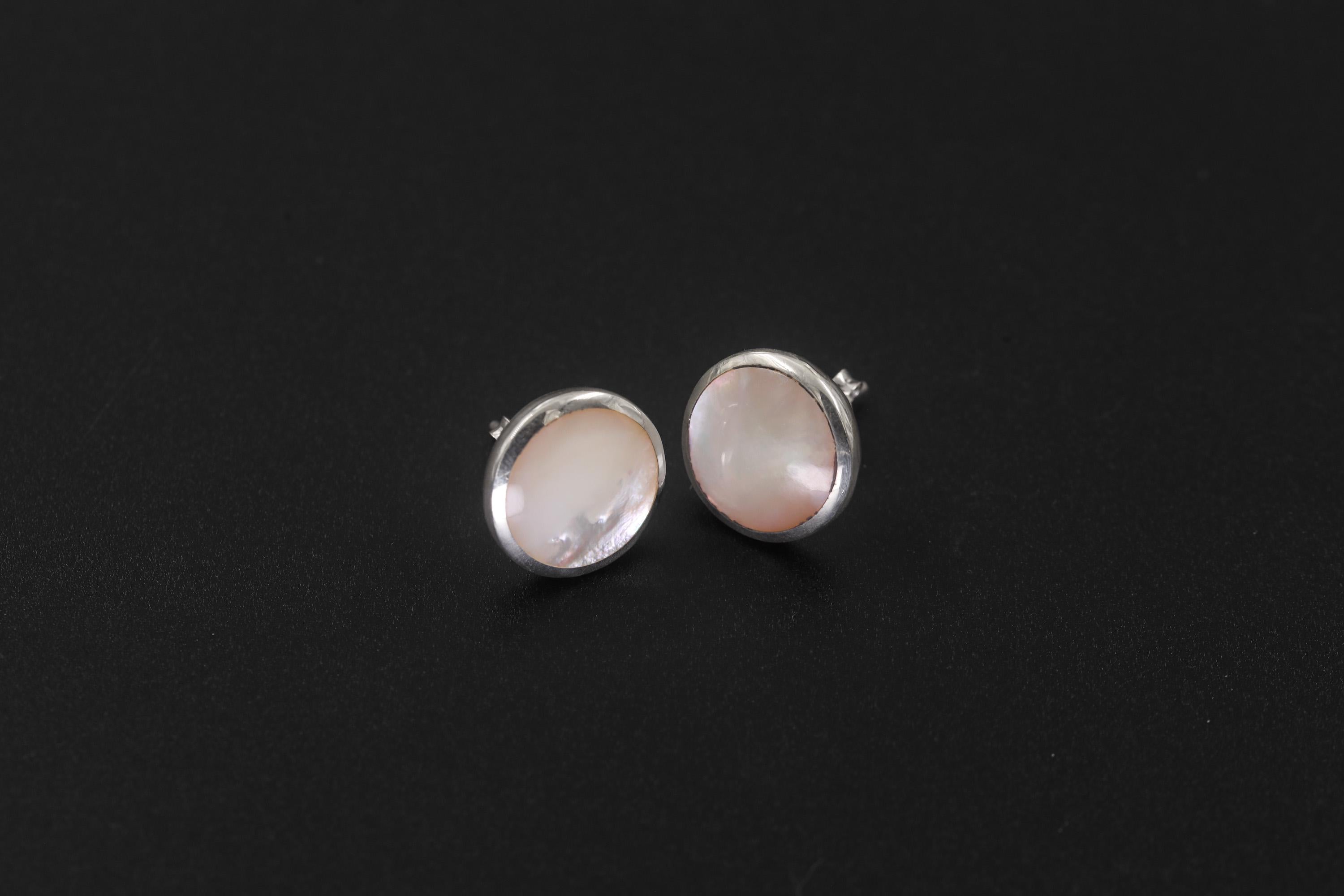 Round Mother of Pearl Earrings 925 Silver Shell Studs High Shine Bezel Set Ocean Lunar Jewelry Handmade Gift