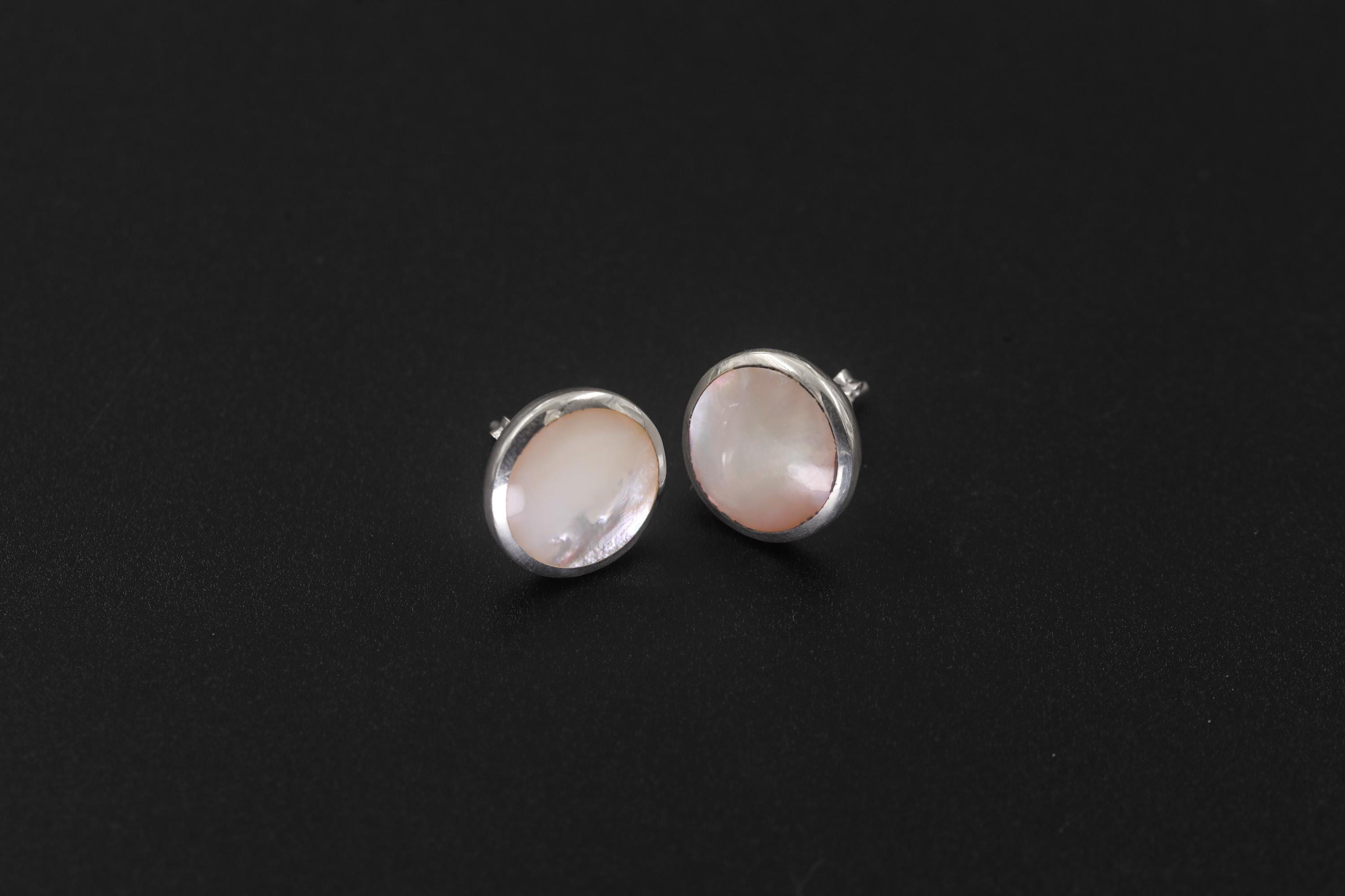 Mother of Pearl Stud Earrings, Sterling Silver Round Shell, Ocean Energy Jewelry