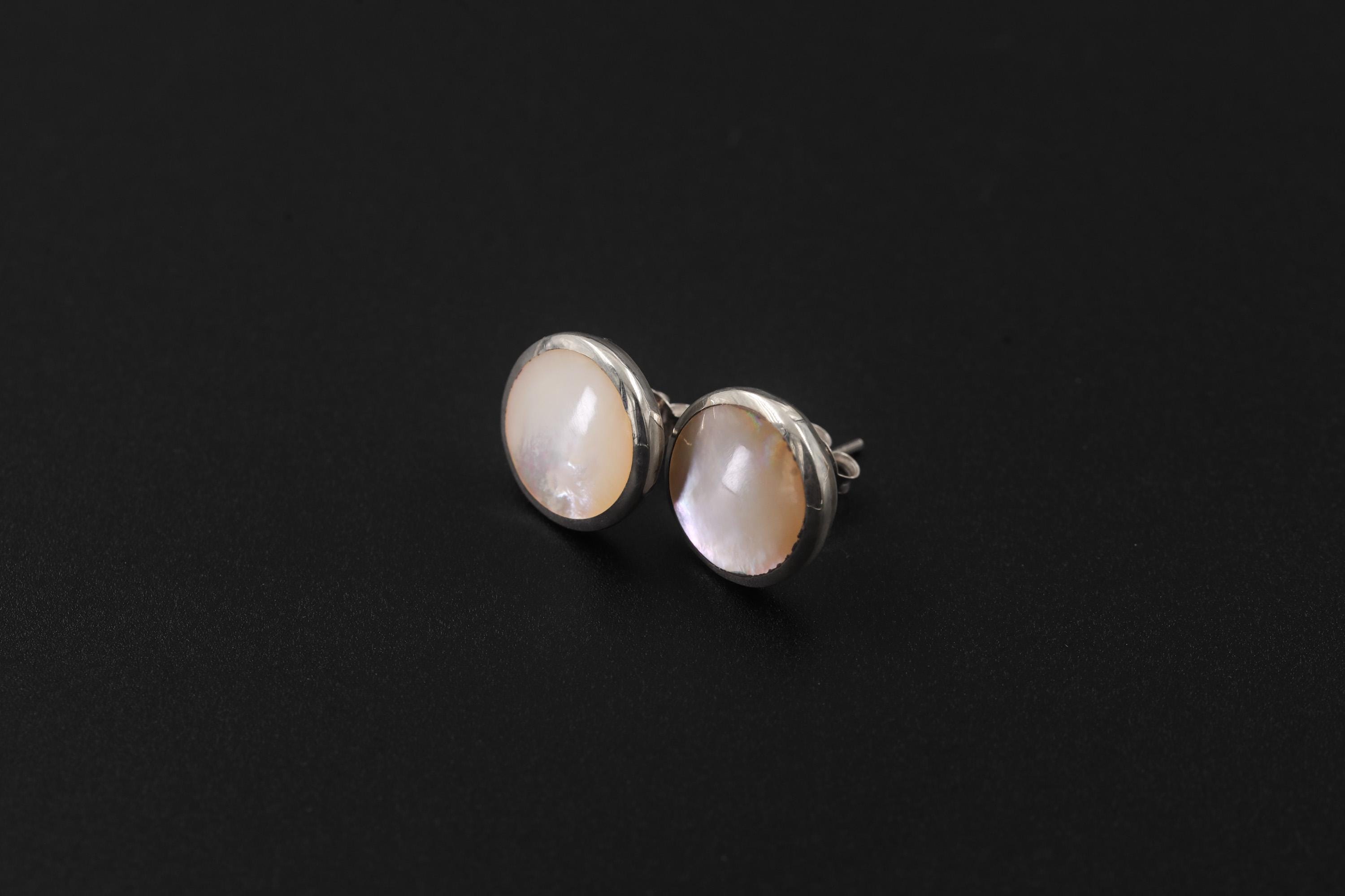 Mother of Pearl Stud Earrings, Sterling Silver Round Shell, Ocean Energy Jewelry