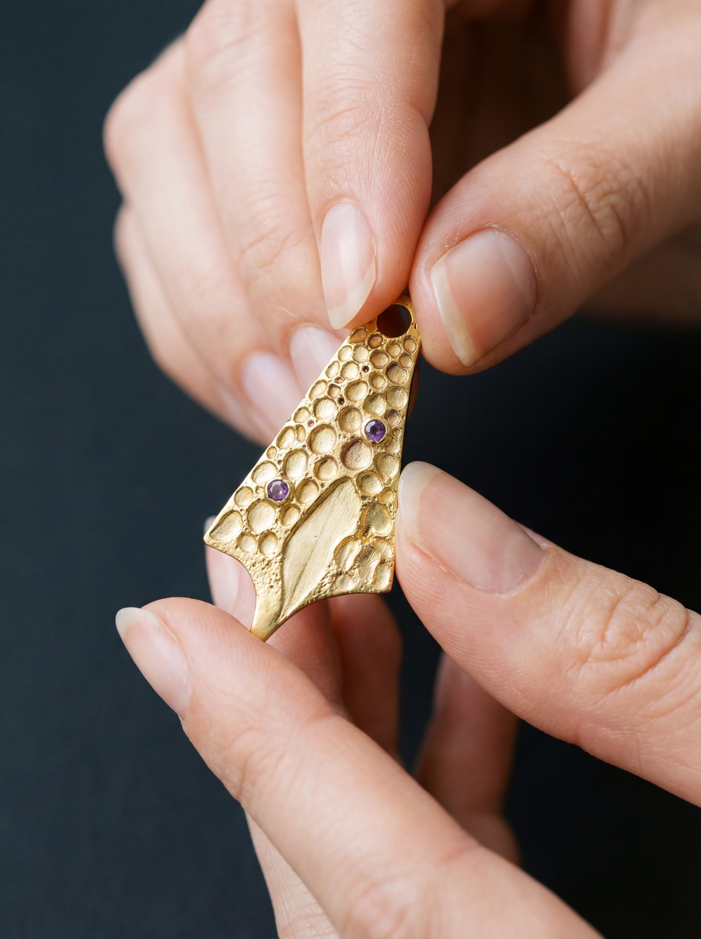 18k Gold Plated Cast Pendant, Textured Amethyst Talisman Necklace
