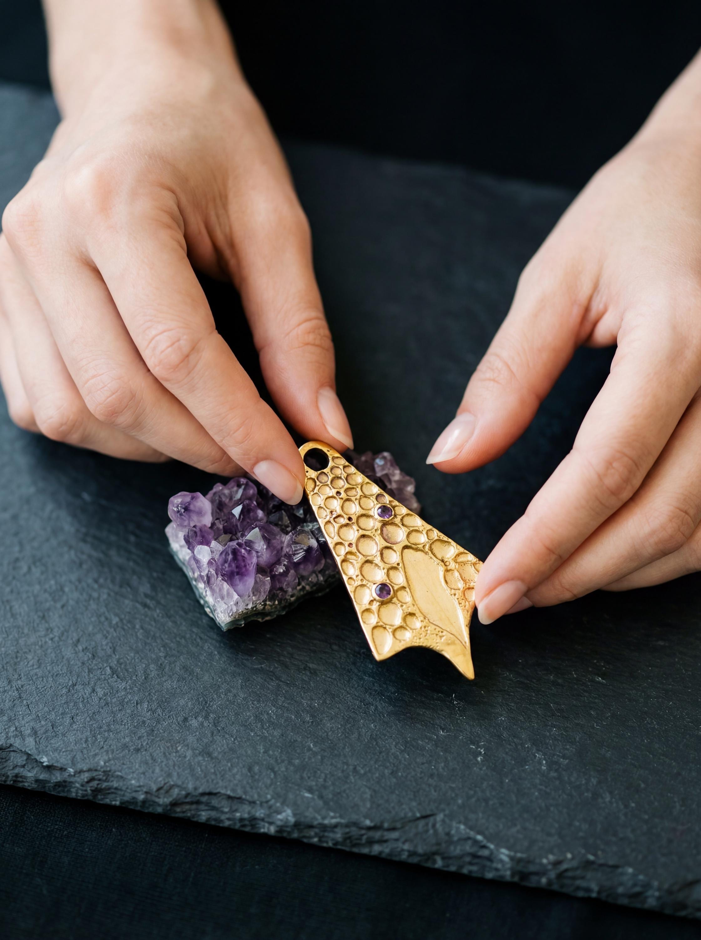 18k Gold Plated Cast Pendant, Textured Amethyst Talisman Necklace