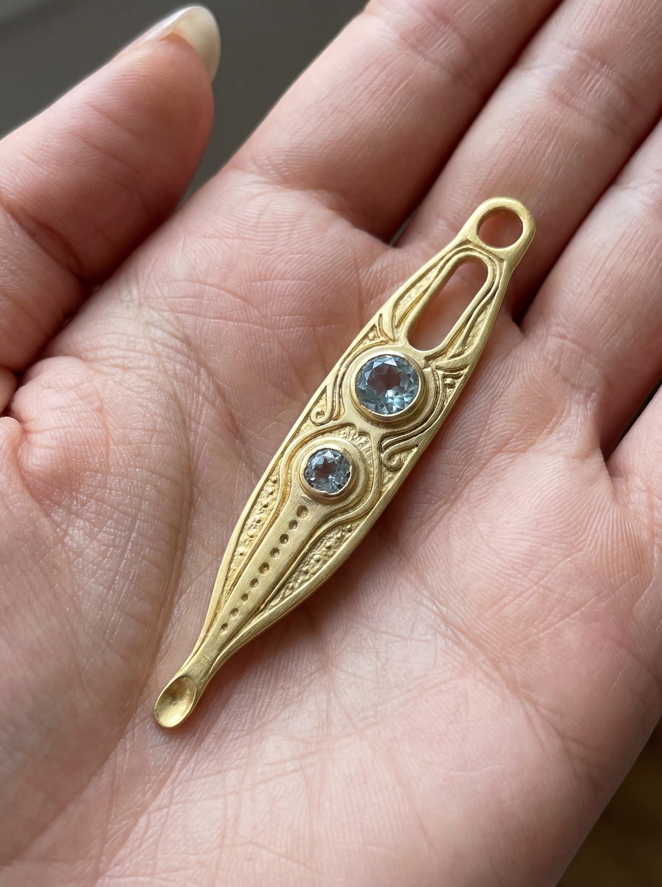 Blue Topaz Spoon Pendant 18k Gold Plated Brass Cast Ritual Spoon Necklace Throat Chakra December Gift