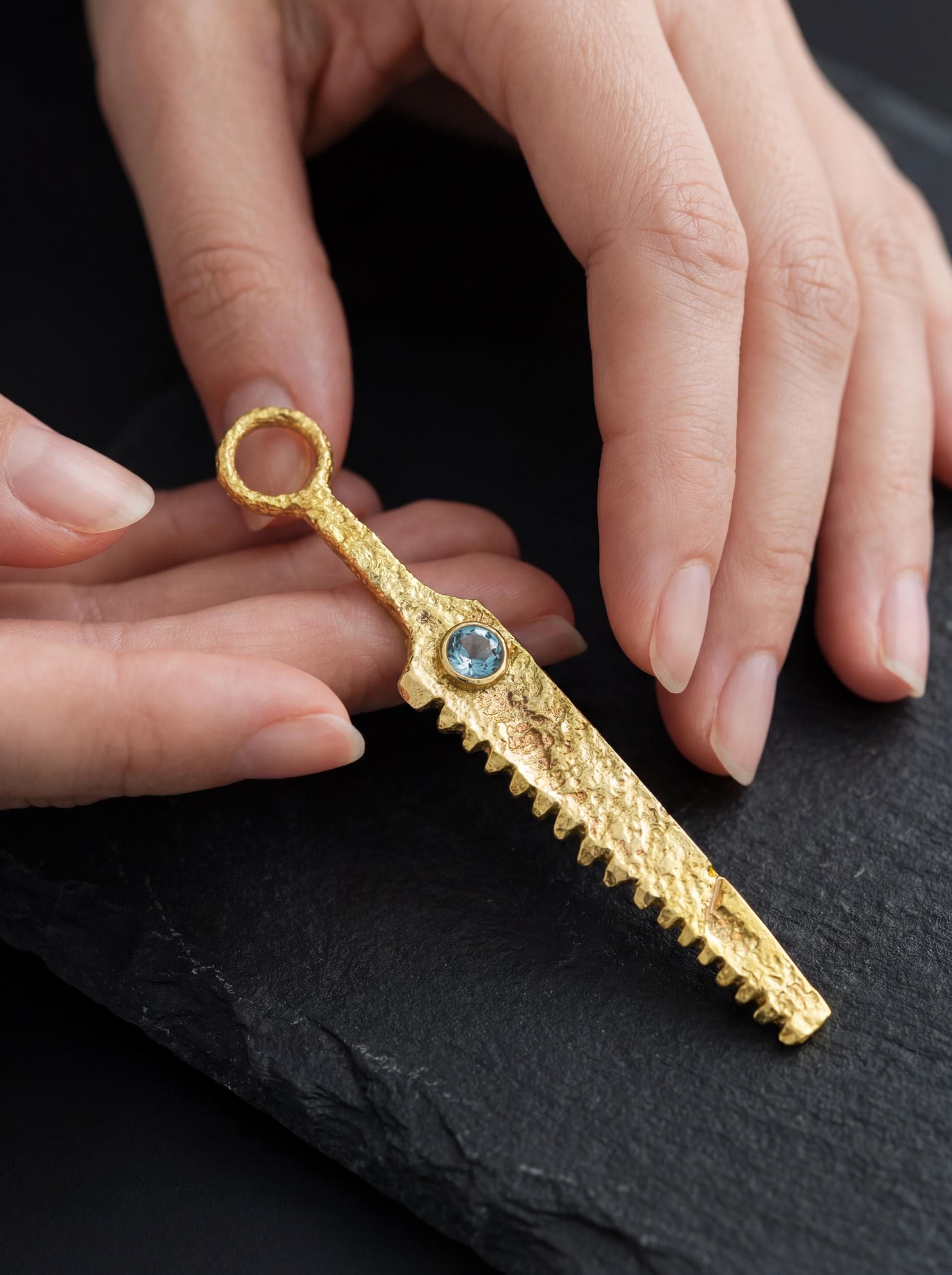 Cast Brass Cutter Spoon Pendant, Blue Topaz, 18k Gold Plated Talisman Necklace