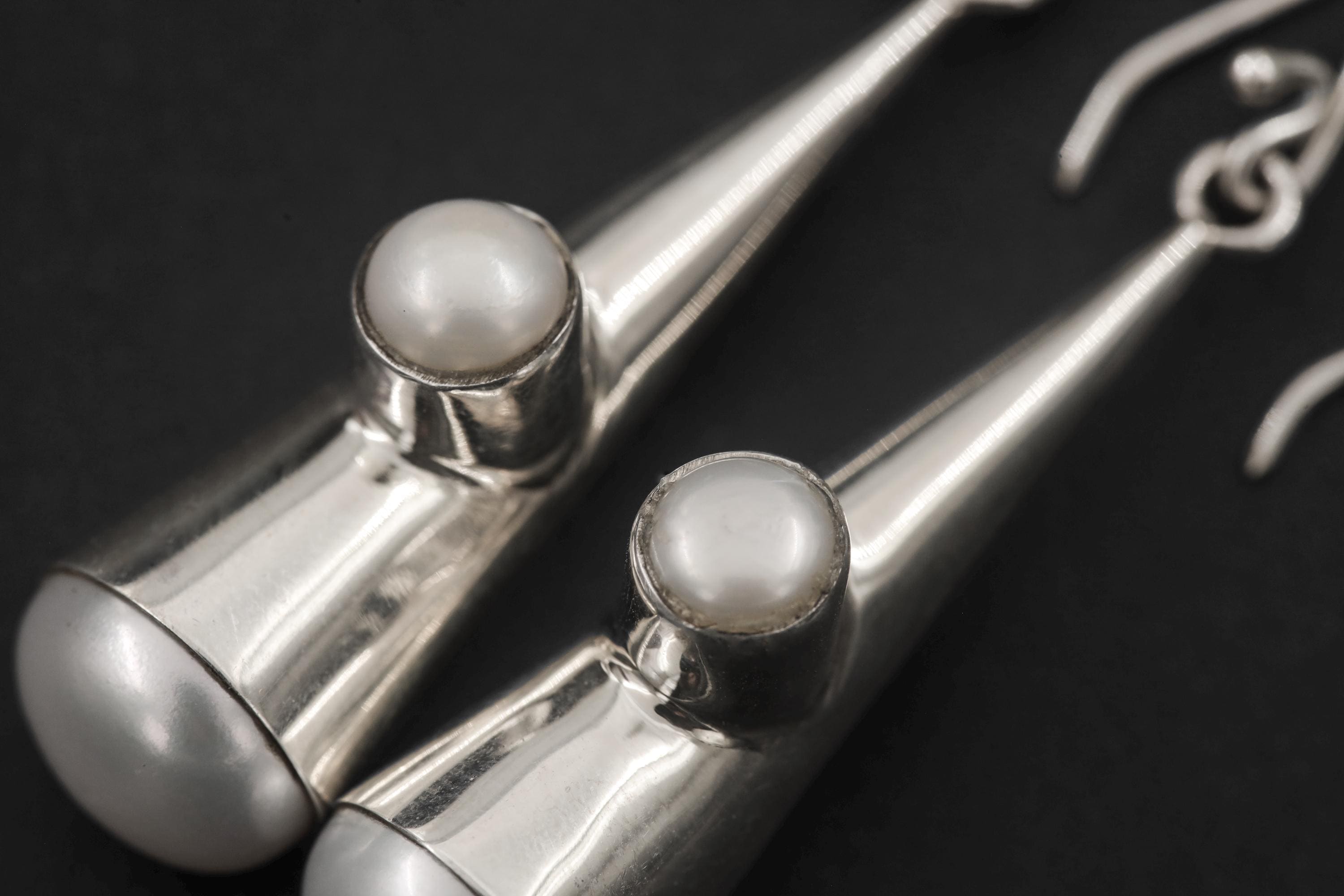 Pearl Drop Dangle Earrings 925 Sterling Silver High Shine Polish Round Pearl Cone Earrings Elegant Minimalist Pearl Jewelry Gift