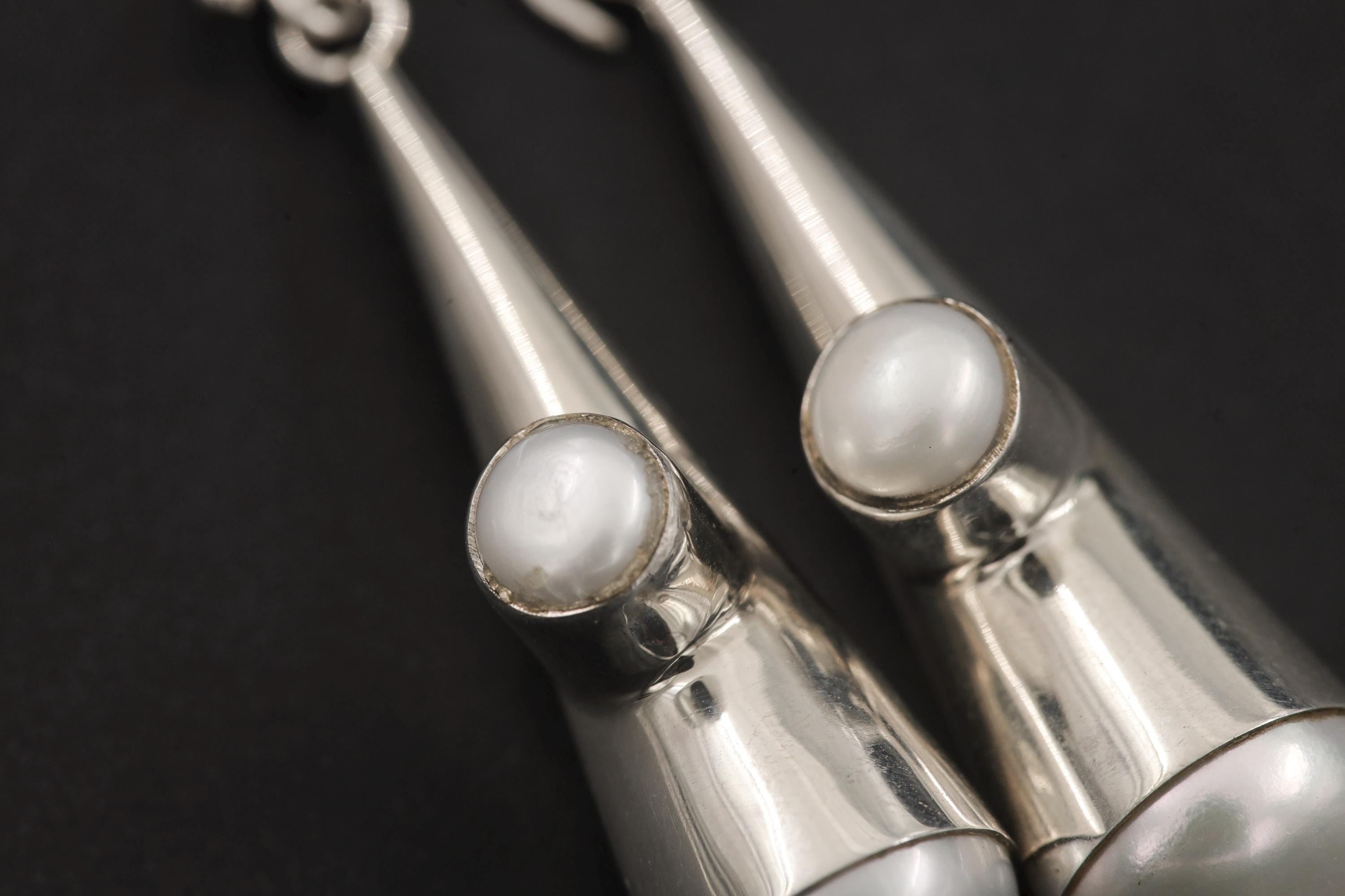 Pearl Drop Dangle Earrings 925 Sterling Silver High Shine Polish Round Pearl Cone Earrings Elegant Minimalist Pearl Jewelry Gift