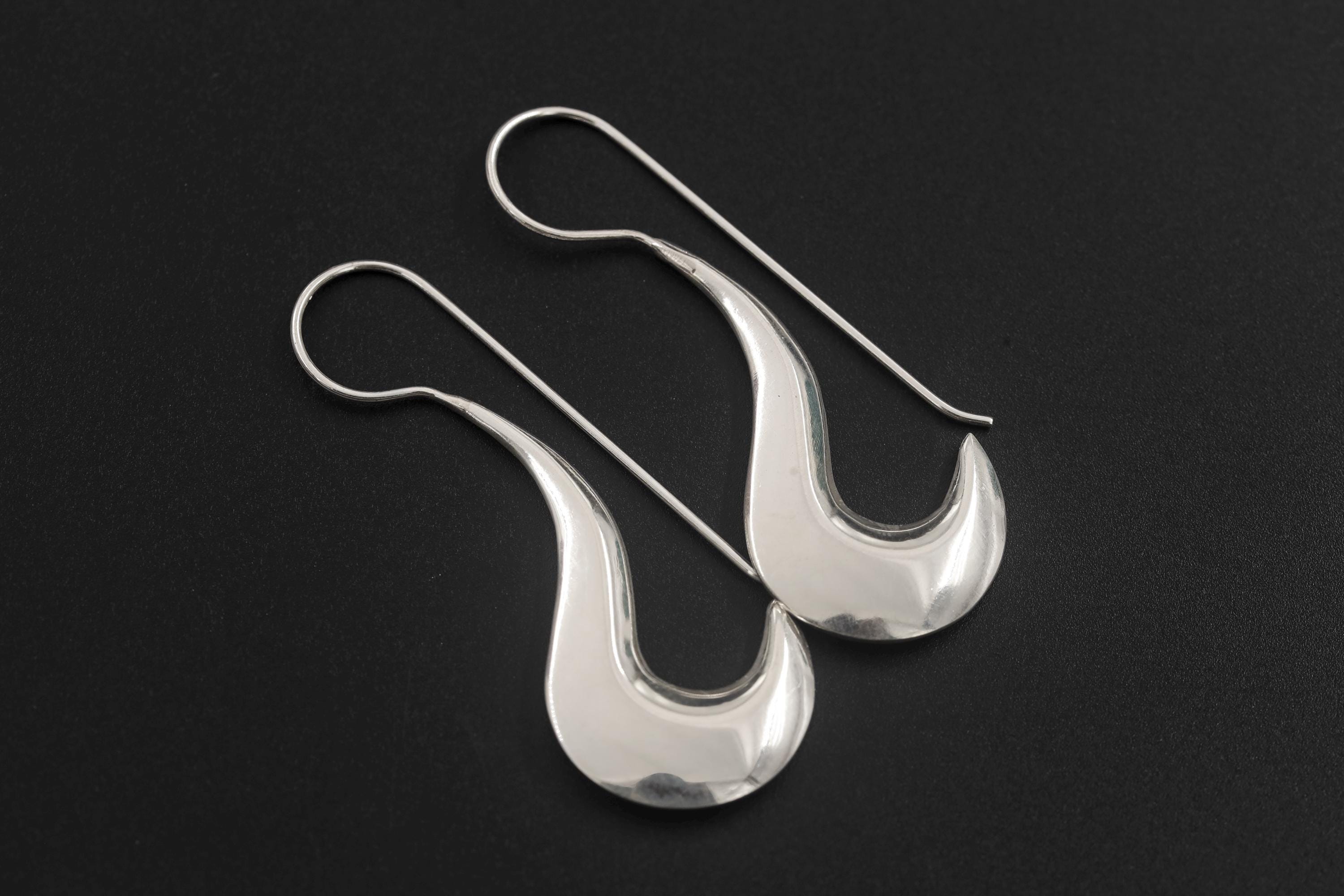 Minimalist Crescent Silver Earrings 925 Sterling High Shine Drop Earrings Modern Sculptural Jewelry Elegant Hook Dangle Gift