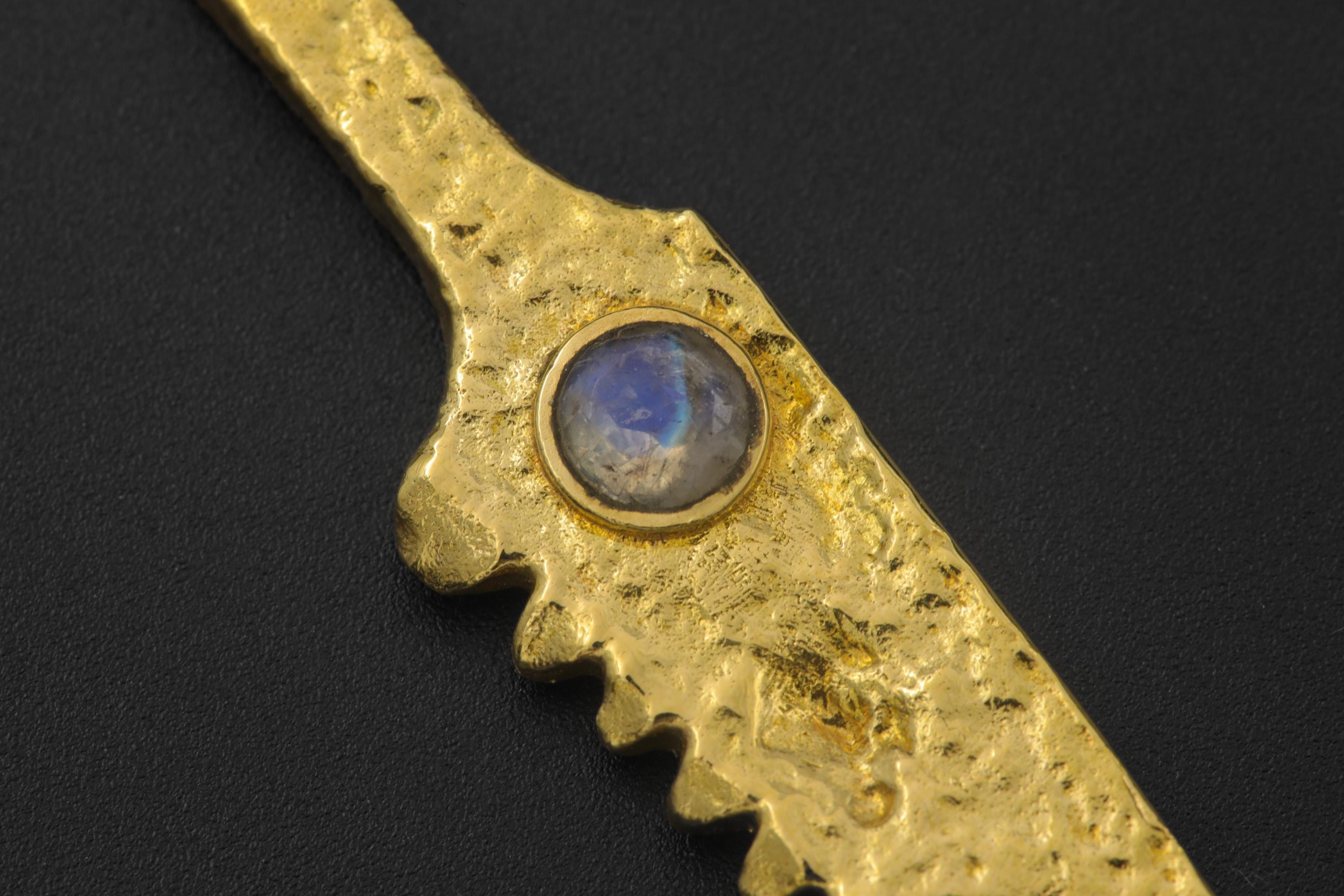 18k Gold Plated Brass Cutter Spoon Pendant, Blue Moonstone Ritual Talisman