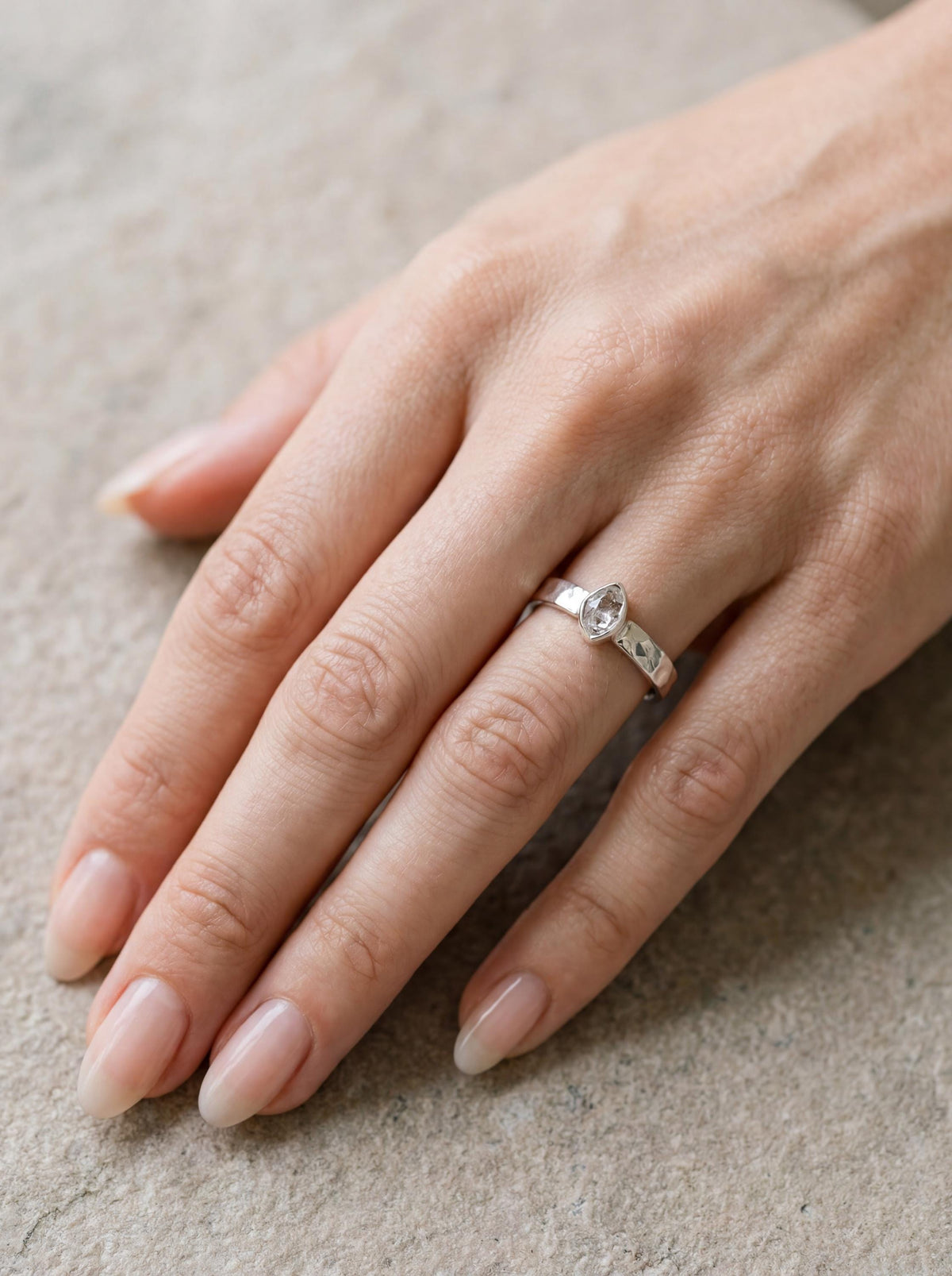 Petite Herkimer Diamond Ring: Hammered Sterling Silver Stack Band