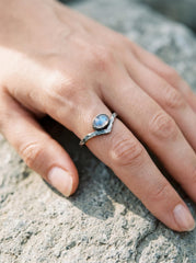 Blue Moonstone Ring: Hammered Sterling Silver Boho Stack Ring