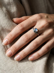 Blue Moonstone Ring: Hammered Sterling Silver Boho Stack Ring