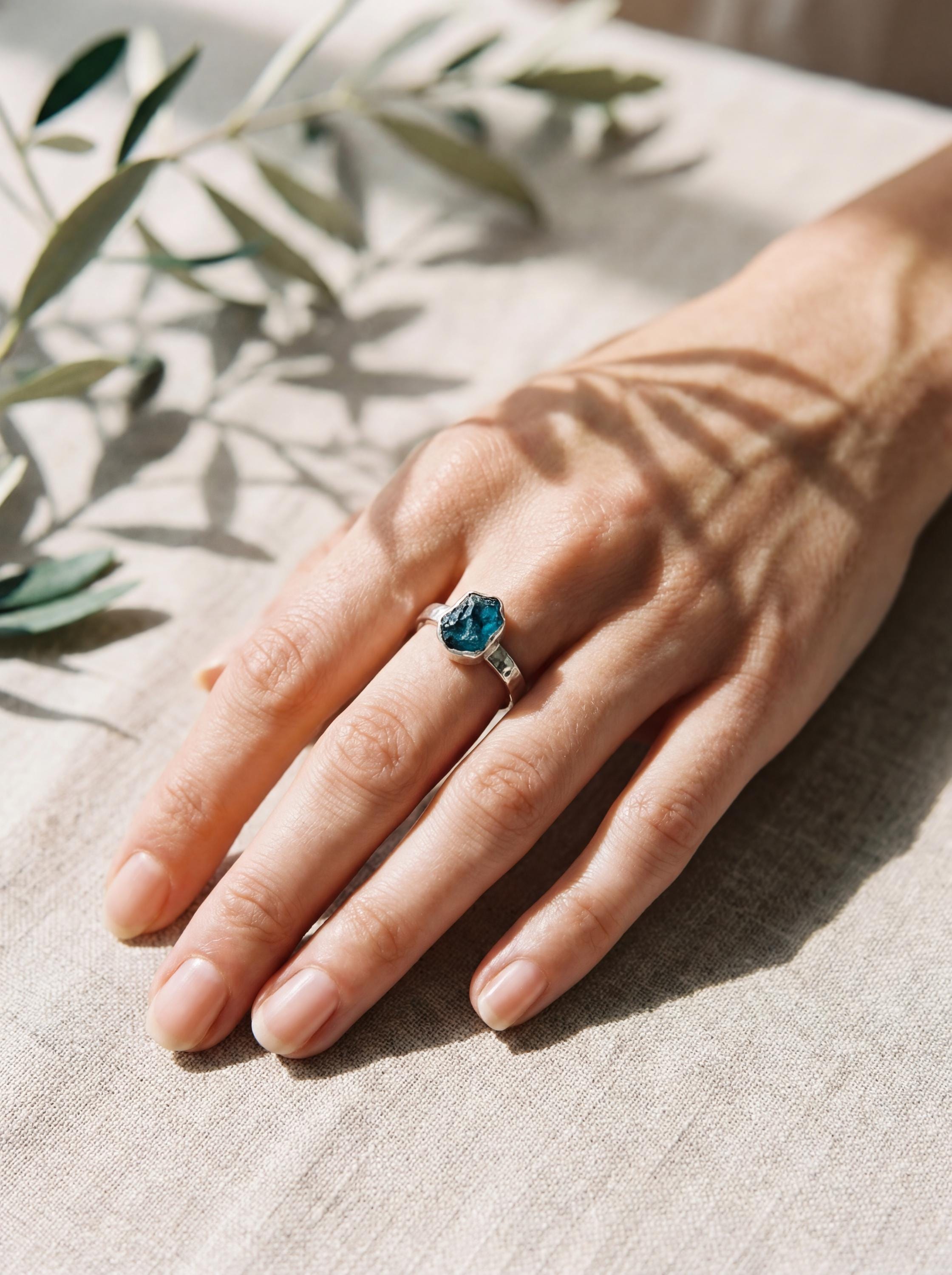Raw Apatite Gem Ring: Hammered Sterling Silver Band