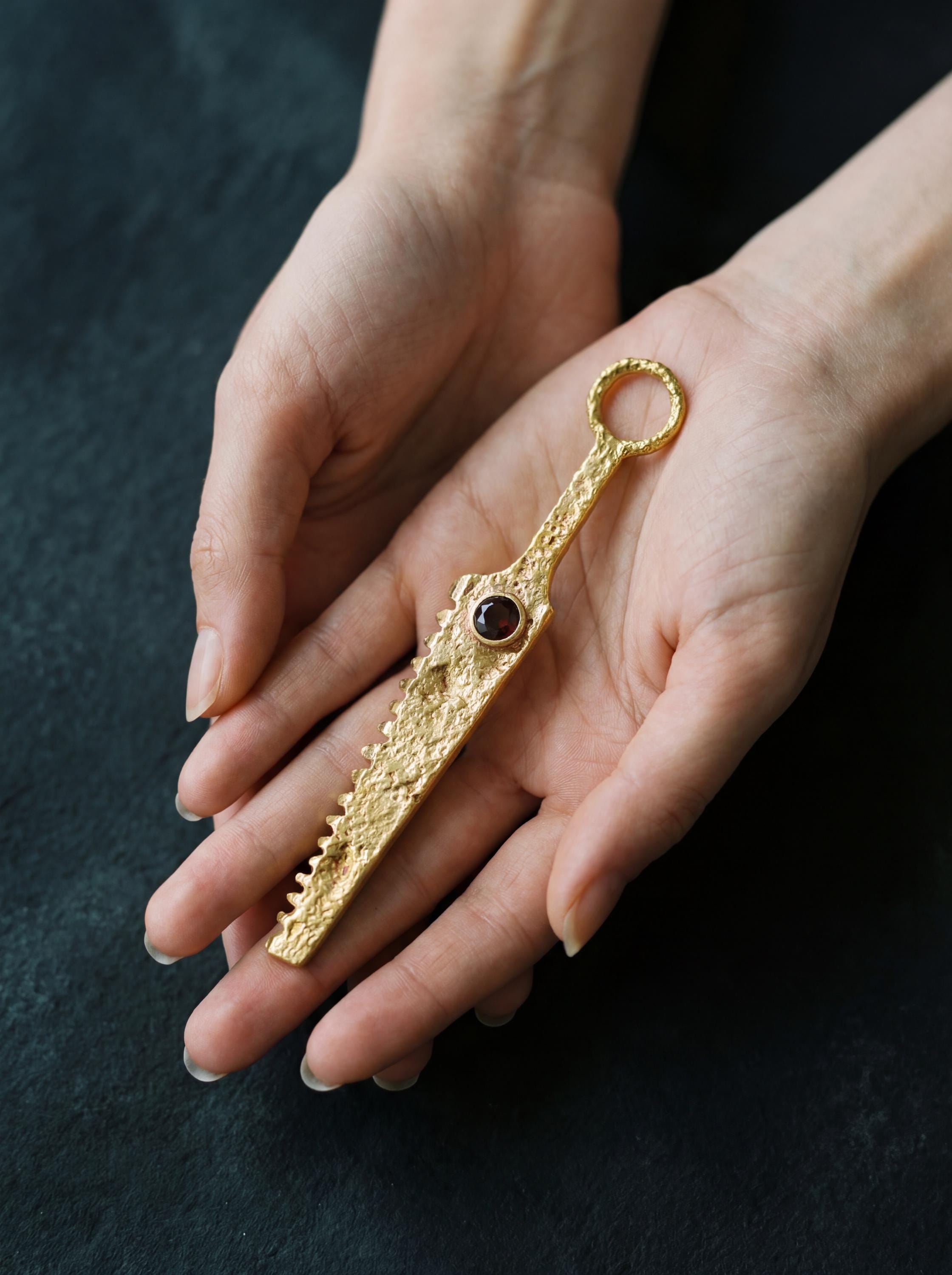 18k Gold Plated Brass Cutter Spoon Pendant, Faceted Garnet Talisman Necklace