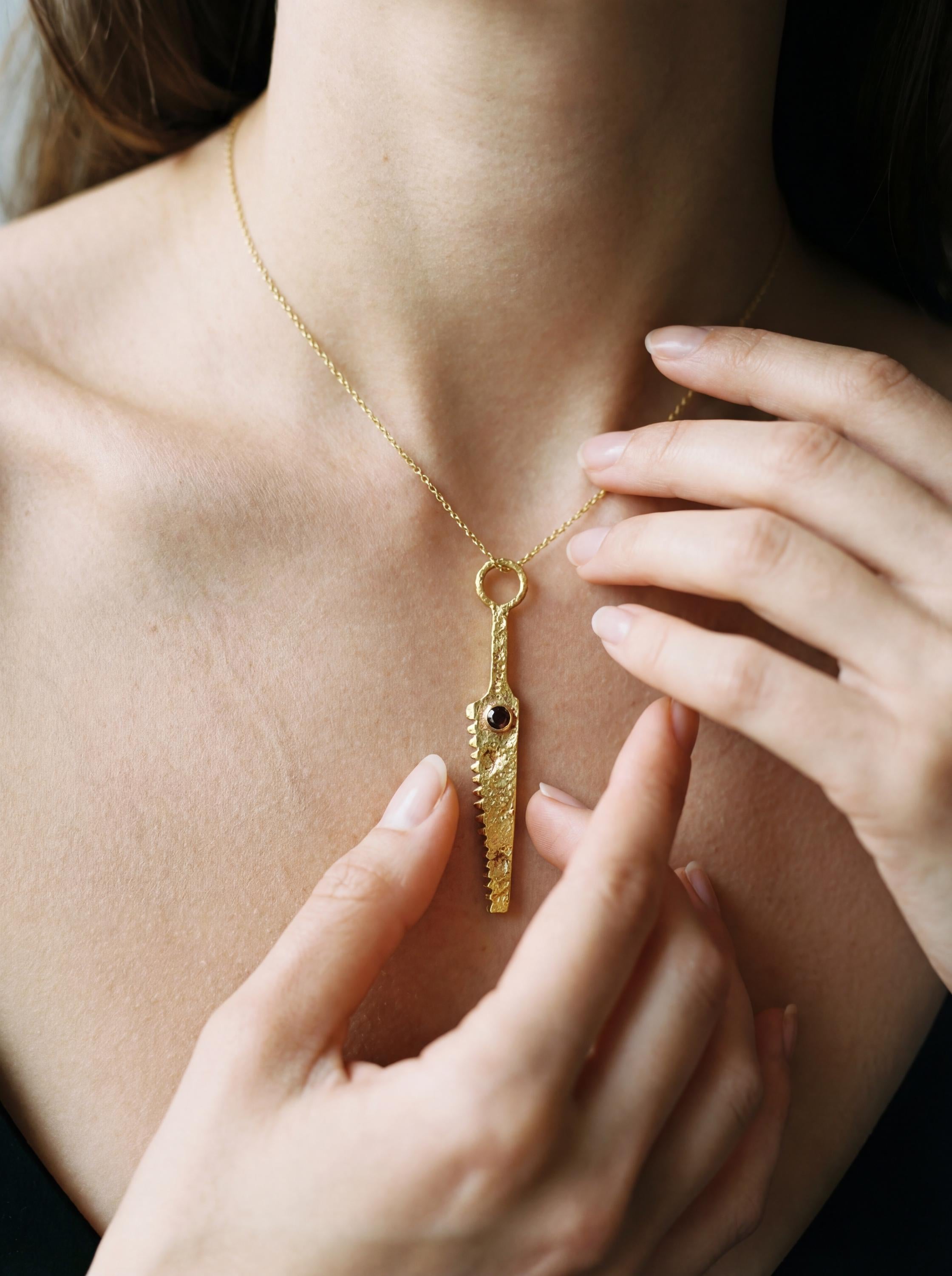 18k Gold Plated Brass Cutter Spoon Pendant, Faceted Garnet Talisman Necklace