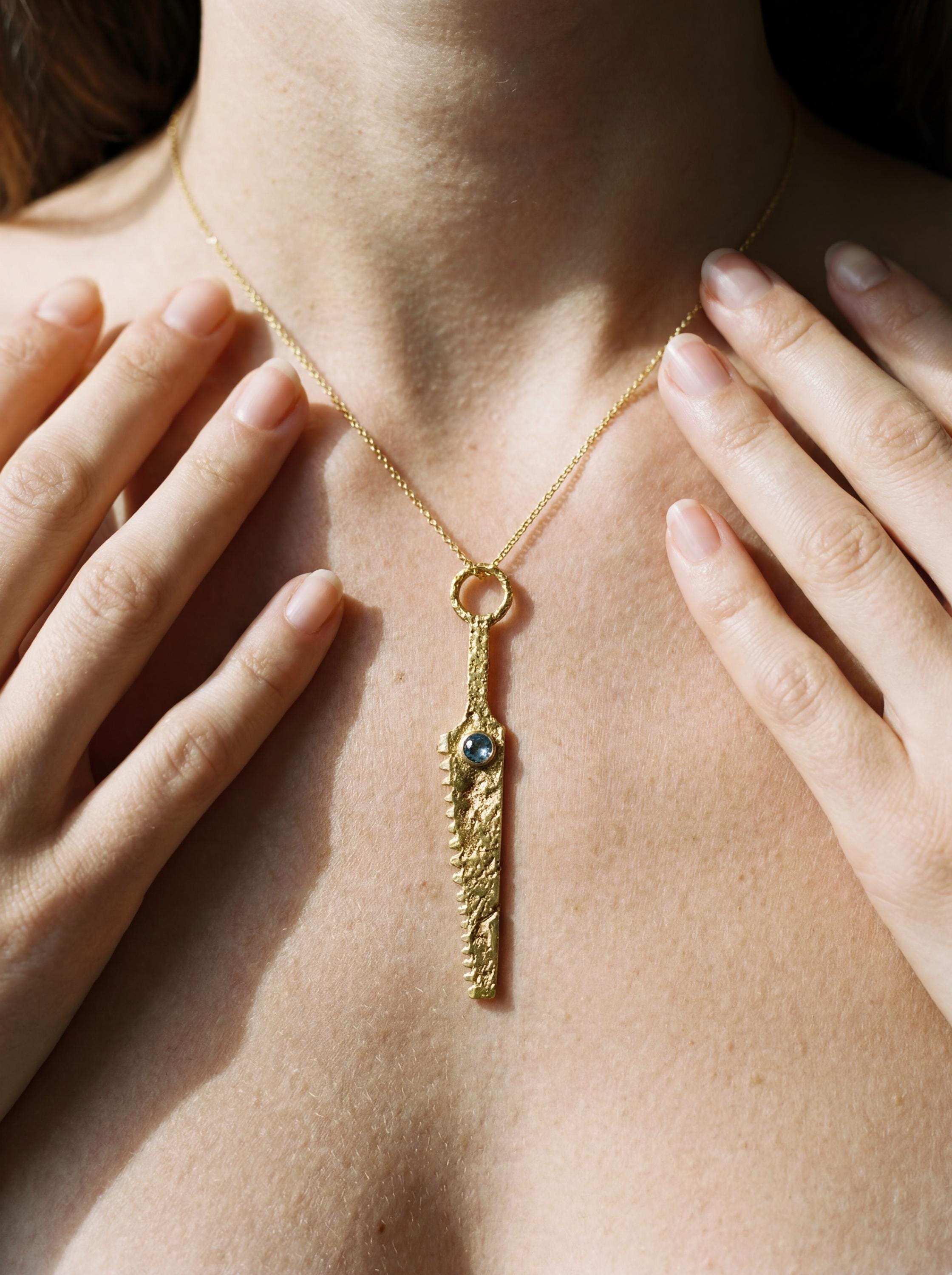 Blue Moonstone Spoon Pendant 18k Gold Plated Brass Cutter Necklace Ritual Tool Third Eye Chakra Jewelry Gift