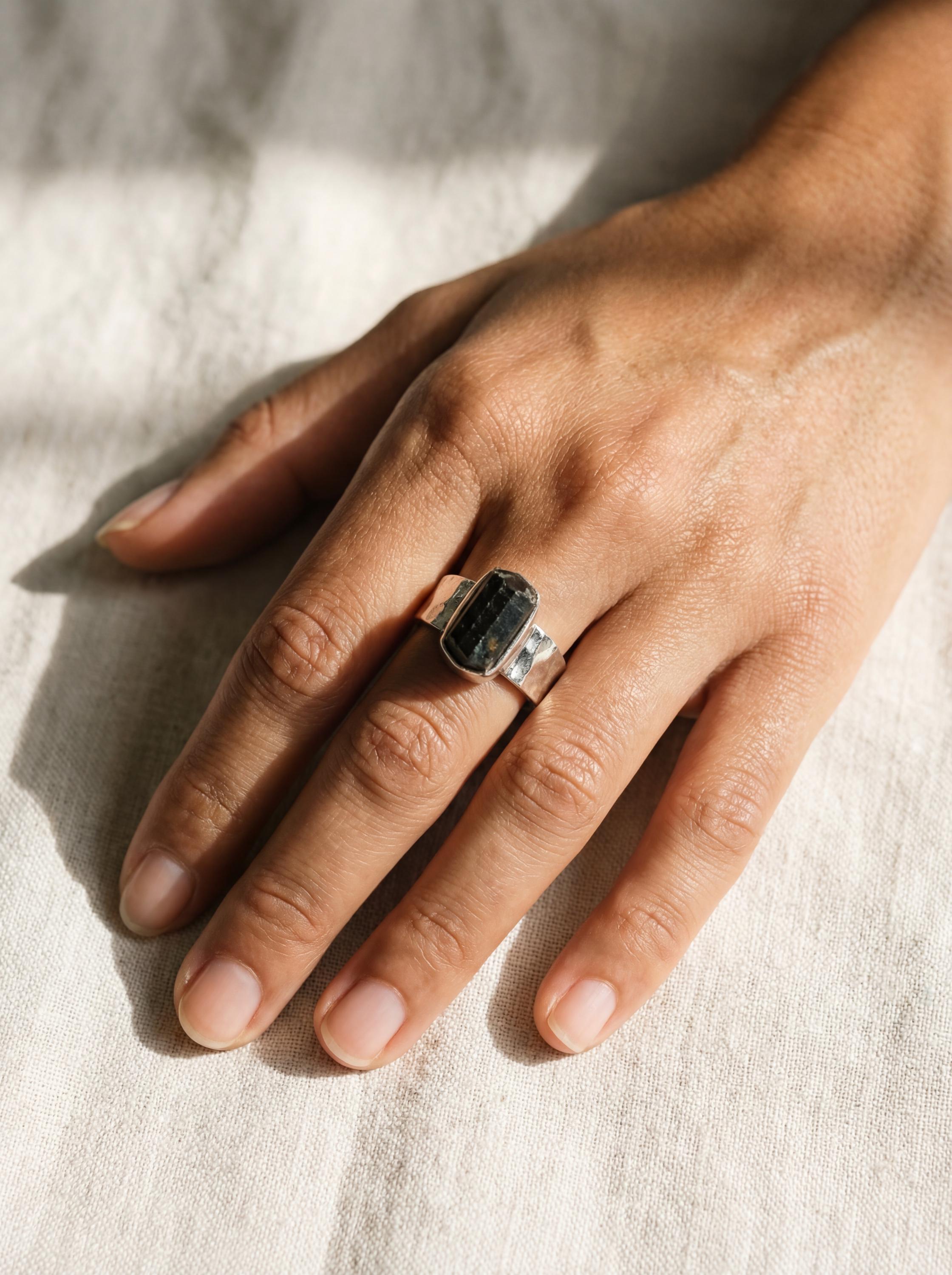 Hammered Sterling Silver Black Tourmaline Ring - Unisex